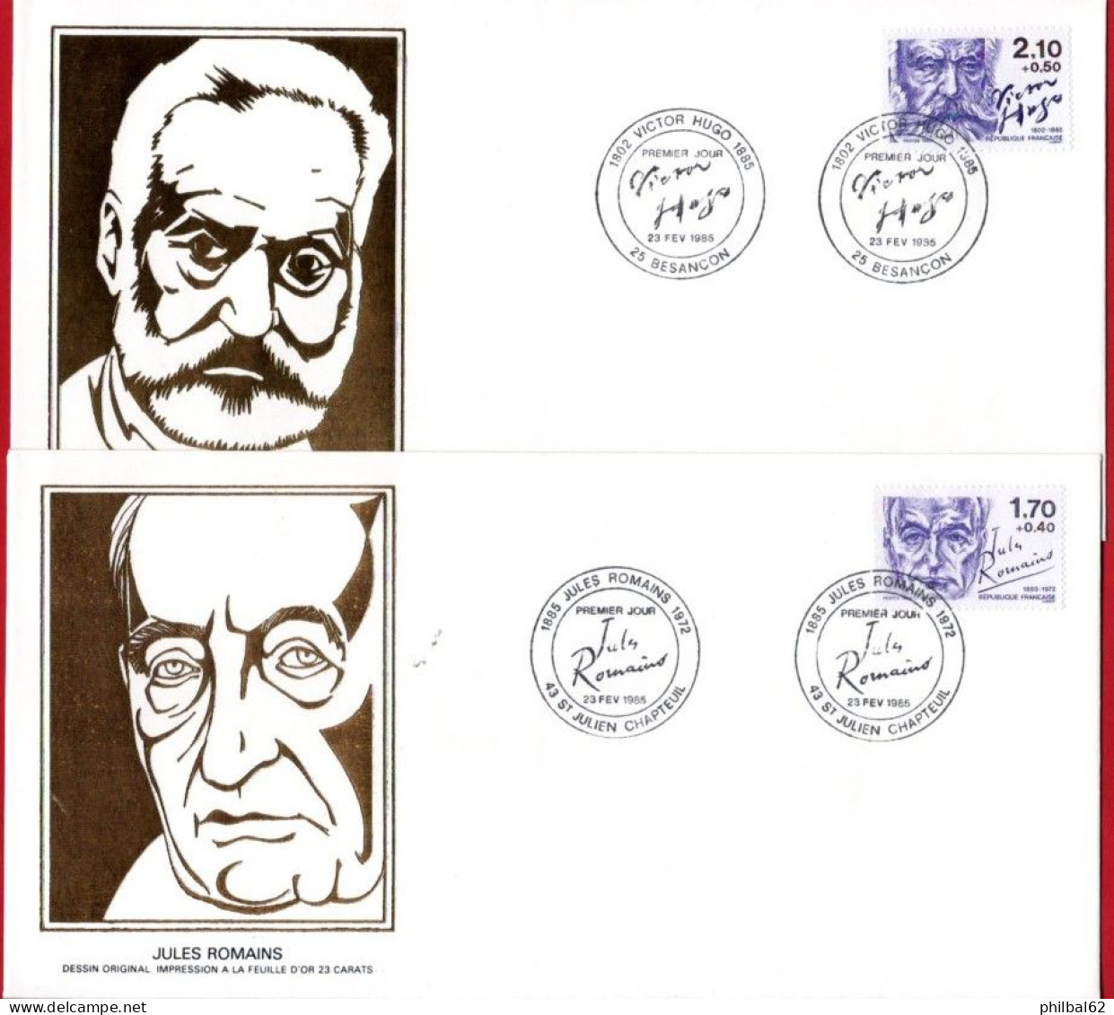 Lot De 6 FDC Personnages Célèbres 1985. J.P. Sartre, F.Mauriac, V.Hugo, J.Romains, R.Rolland, R.d'Orgelès. N° 2355/60. - 1980-1989