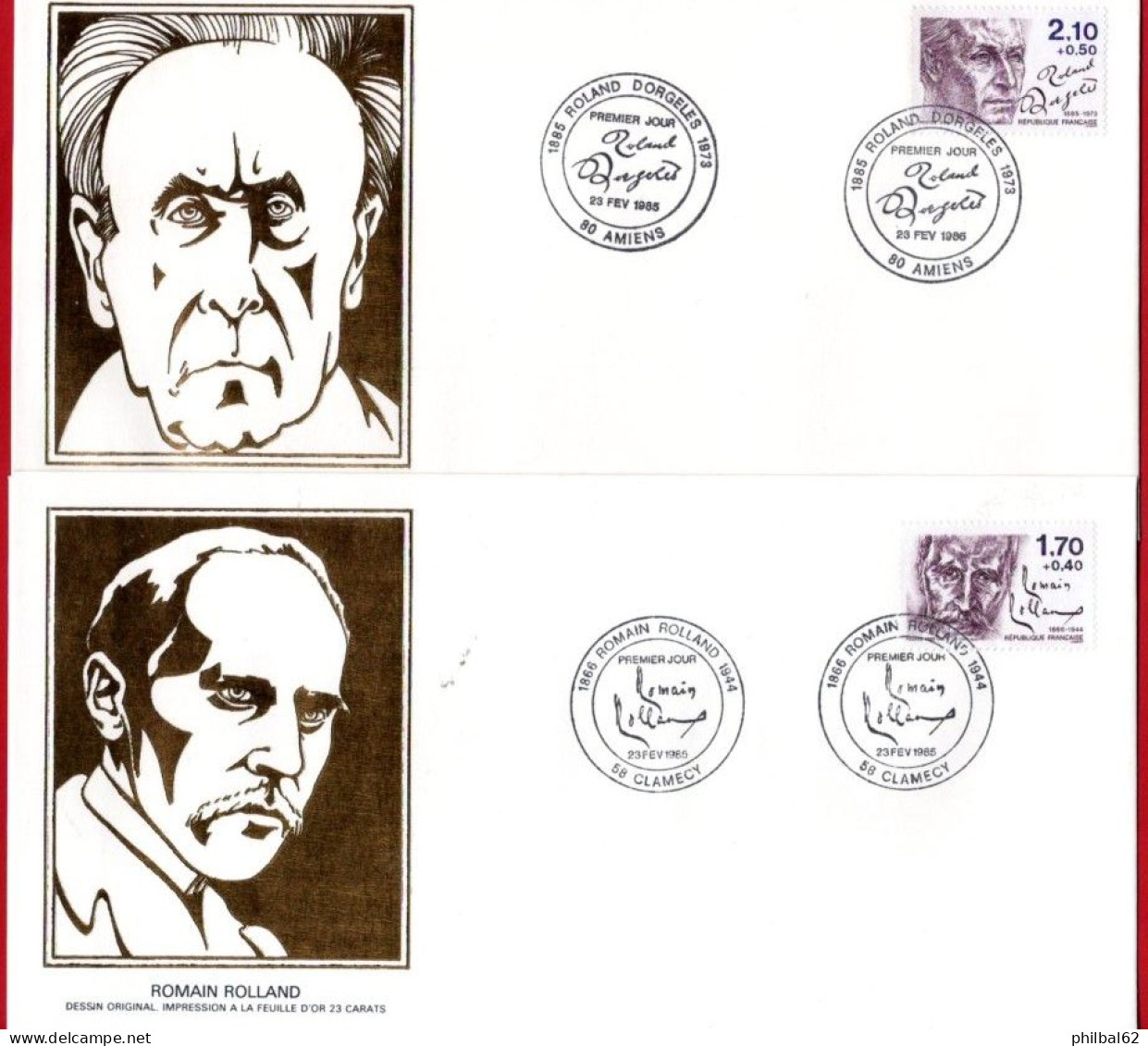 Lot De 6 FDC Personnages Célèbres 1985. J.P. Sartre, F.Mauriac, V.Hugo, J.Romains, R.Rolland, R.d'Orgelès. N° 2355/60. - 1980-1989