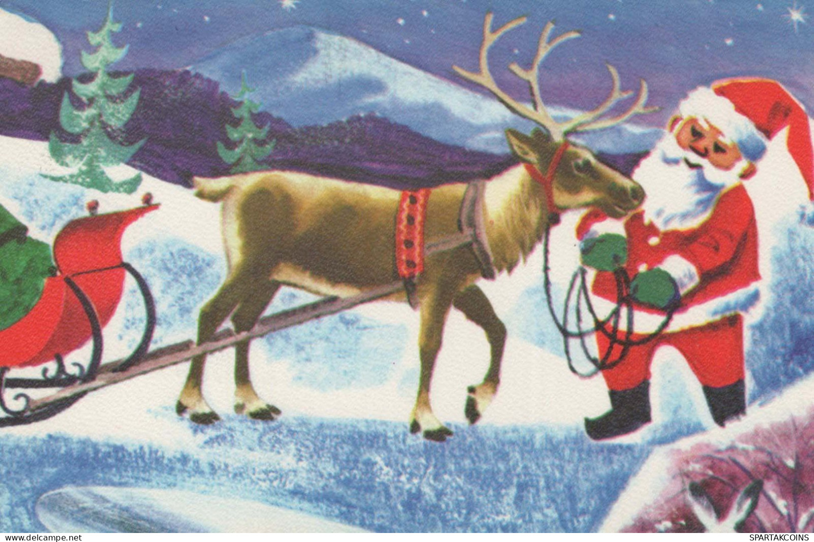 SANTA CLAUS Happy New Year Christmas DEER Vintage Postcard CPA #PKE038.GB - Santa Claus