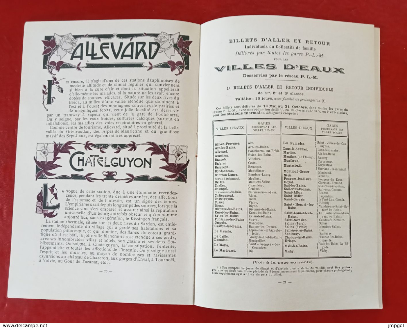 Guide Saison Thermale 1906 Chemins de Fer PLM Vichy Uriage Royat Evian Allevard.... Billets Voyages Circulaires Tarifs