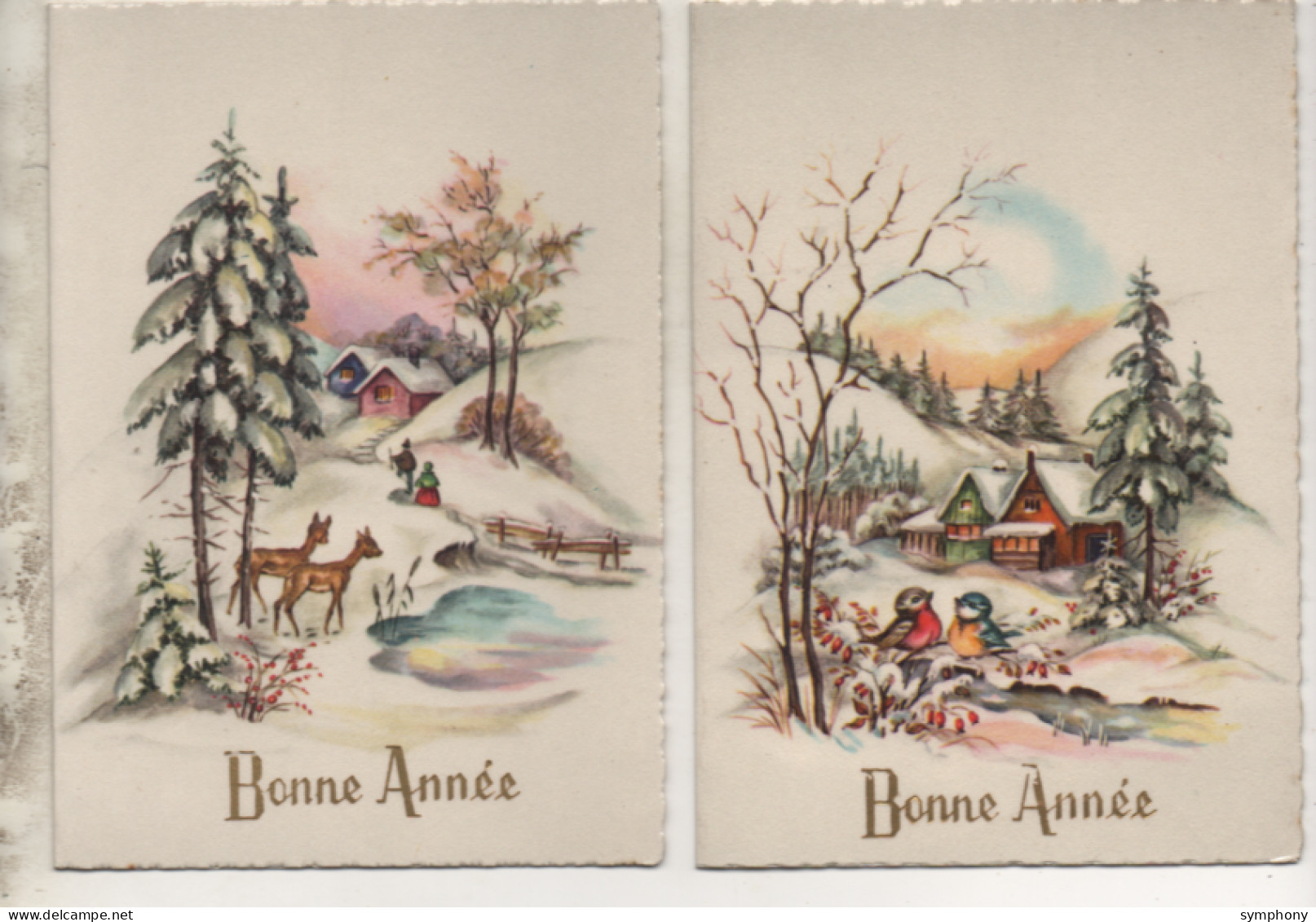 2 Cartes Doubles - Nouvel An - Paysage De Neige - Biches - Oiseaux - - New Year