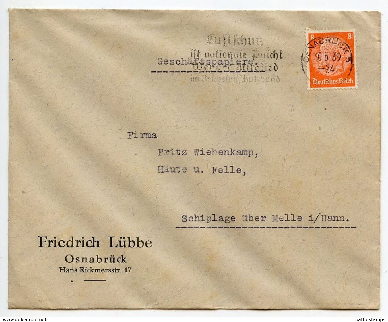 Germany 1939 Cover; Osnabrück - Friedrich Lübbe To Schiplage; 8pf. Hindenburg; Luftschutz Slogan Cancel - Covers & Documents