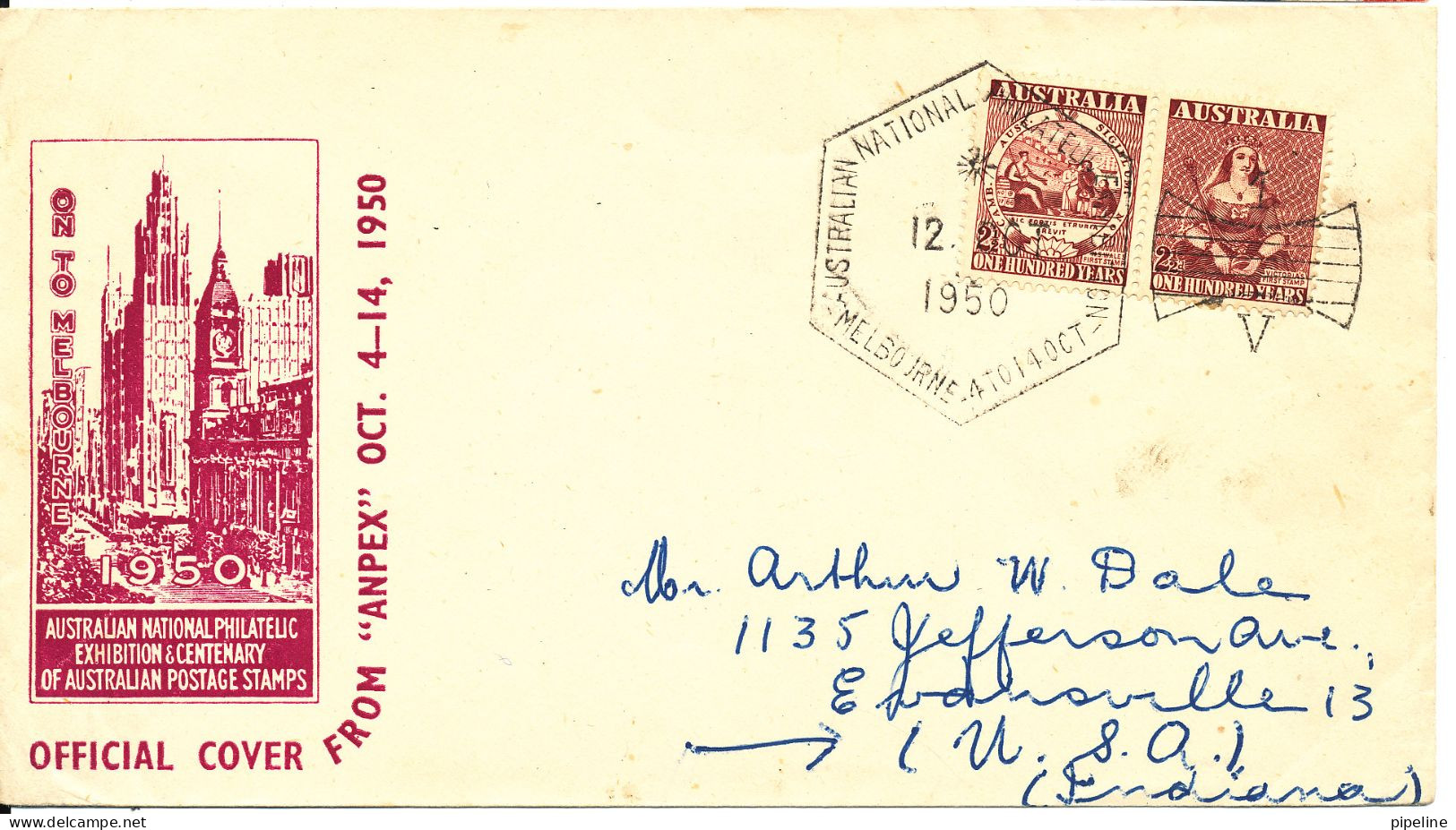Australia FDC Centenary Of Adhesive Postage Stamps 12-10-1950 With Cachet Sent To USA - Cartas & Documentos