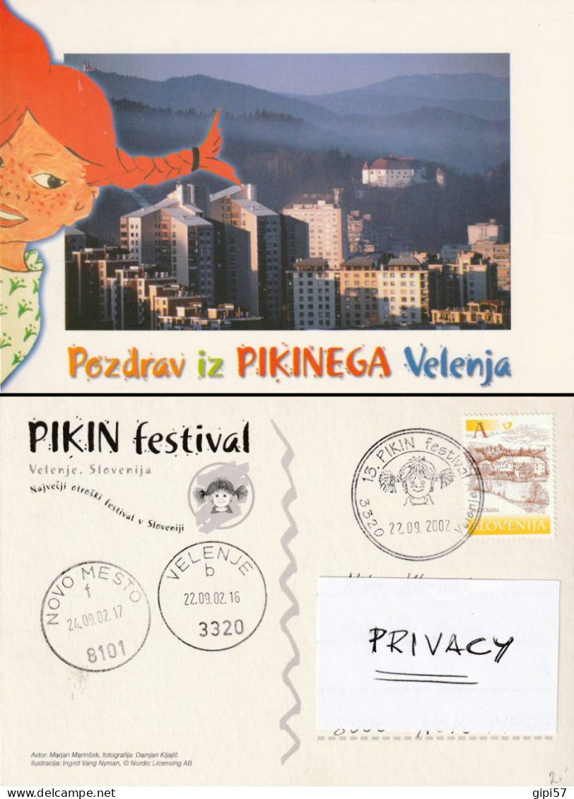 Pippi Calzelunghe, Fifi Brindacier, Pippi Longstocking, Pippi Långstrump, CARD FESTIVAL 2002 SPECIAL CANCEL VELENJE - Slovénie