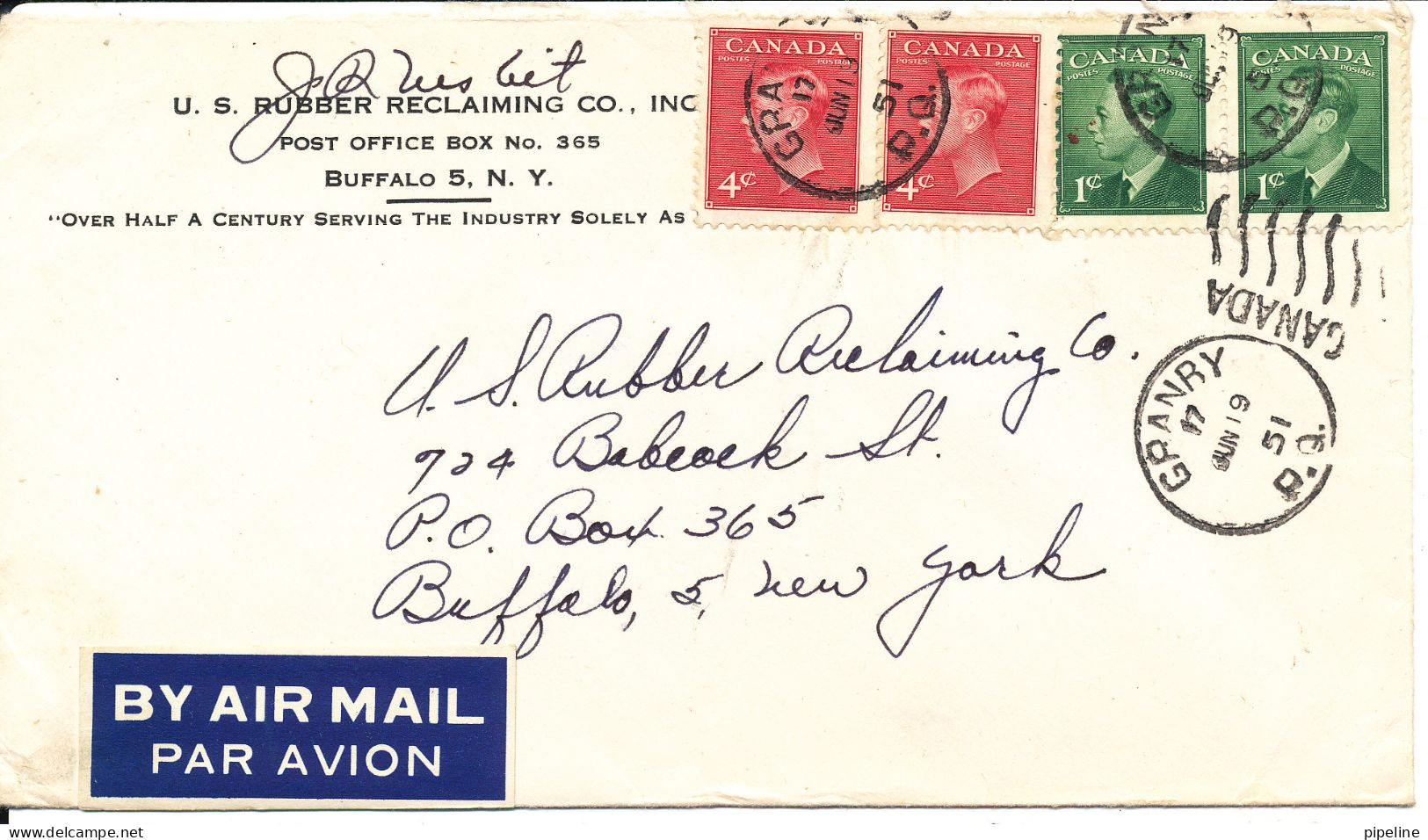 Canada Air Mail Cover Sent To USA Granby 19-6-1951 - Covers & Documents