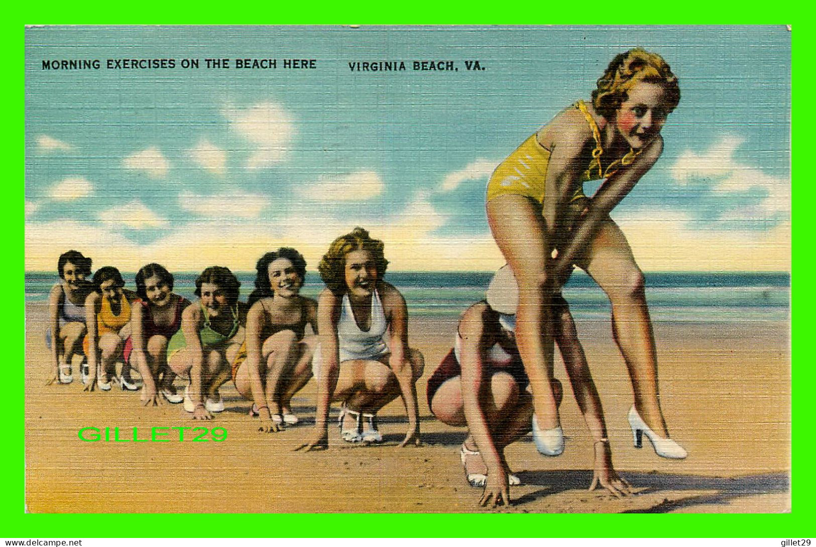 VIRGINIA BEACH, VA - MORNING EXERCISES ON THE BEACH HERE - TRAVEL IN 1941 -  PUB. BY TICHNOR BROS INC - - Virginia Beach