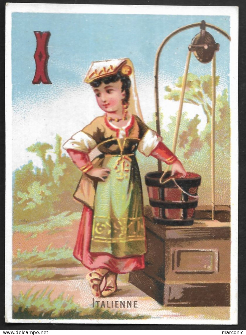 Chromo Dos Vierge - ALPHABET, Lettre I - ITALIENNE - Jeune Fille En Tenue Nationale, Puits - Sonstige & Ohne Zuordnung