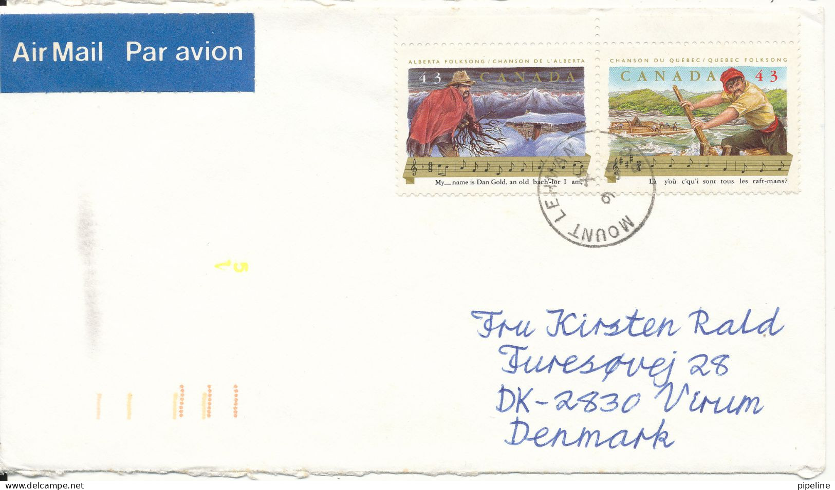 Canada Cover Sent Air Mail To Denmark 9-11-1993 Topic Stamps Music - Storia Postale