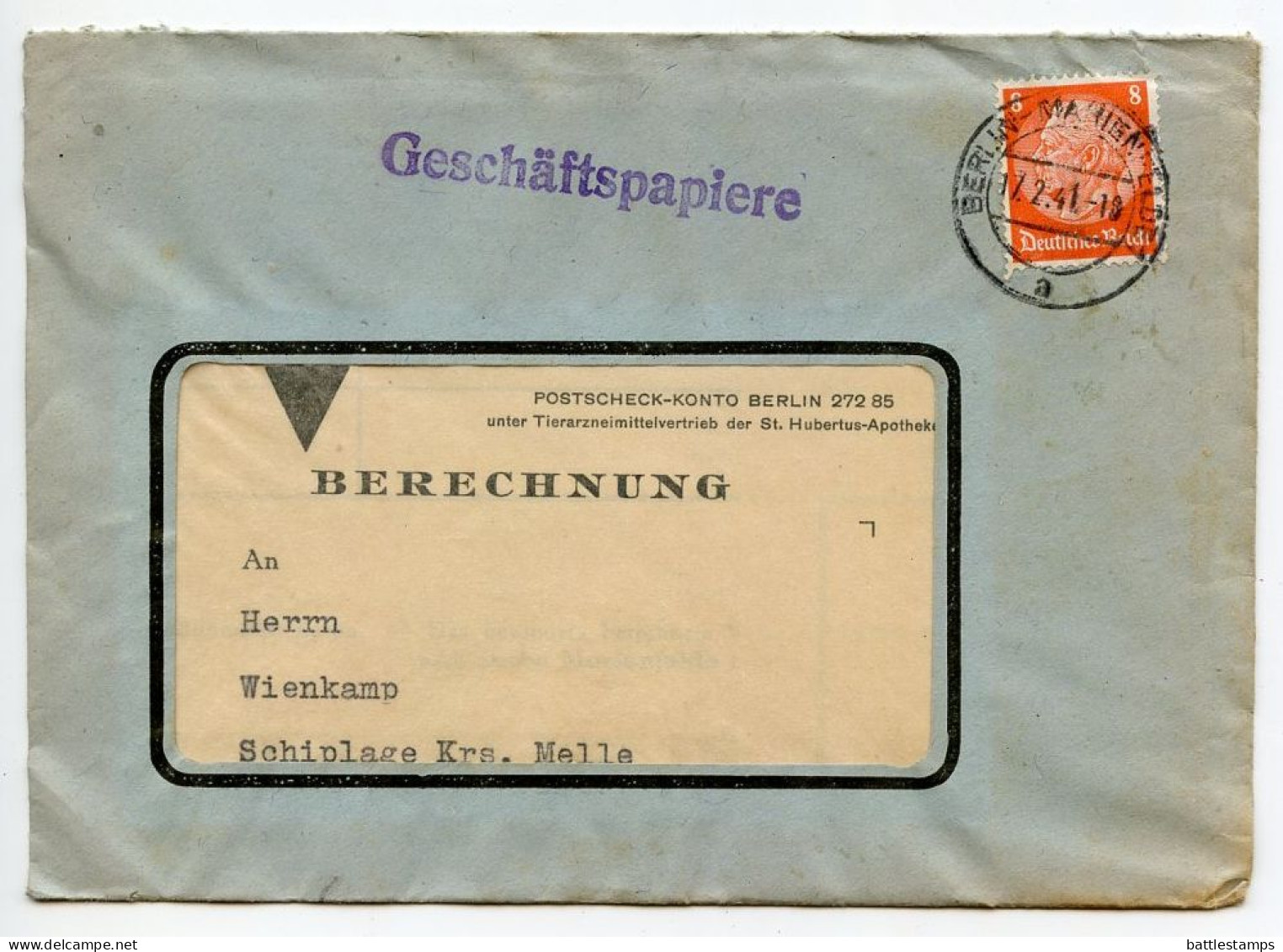 Germany 1941 Cover & Invoice; Berlin-Marienfelde - St. Hubertus-Apotheke To Schiplage; 8pf. Hindenburg - Cartas & Documentos