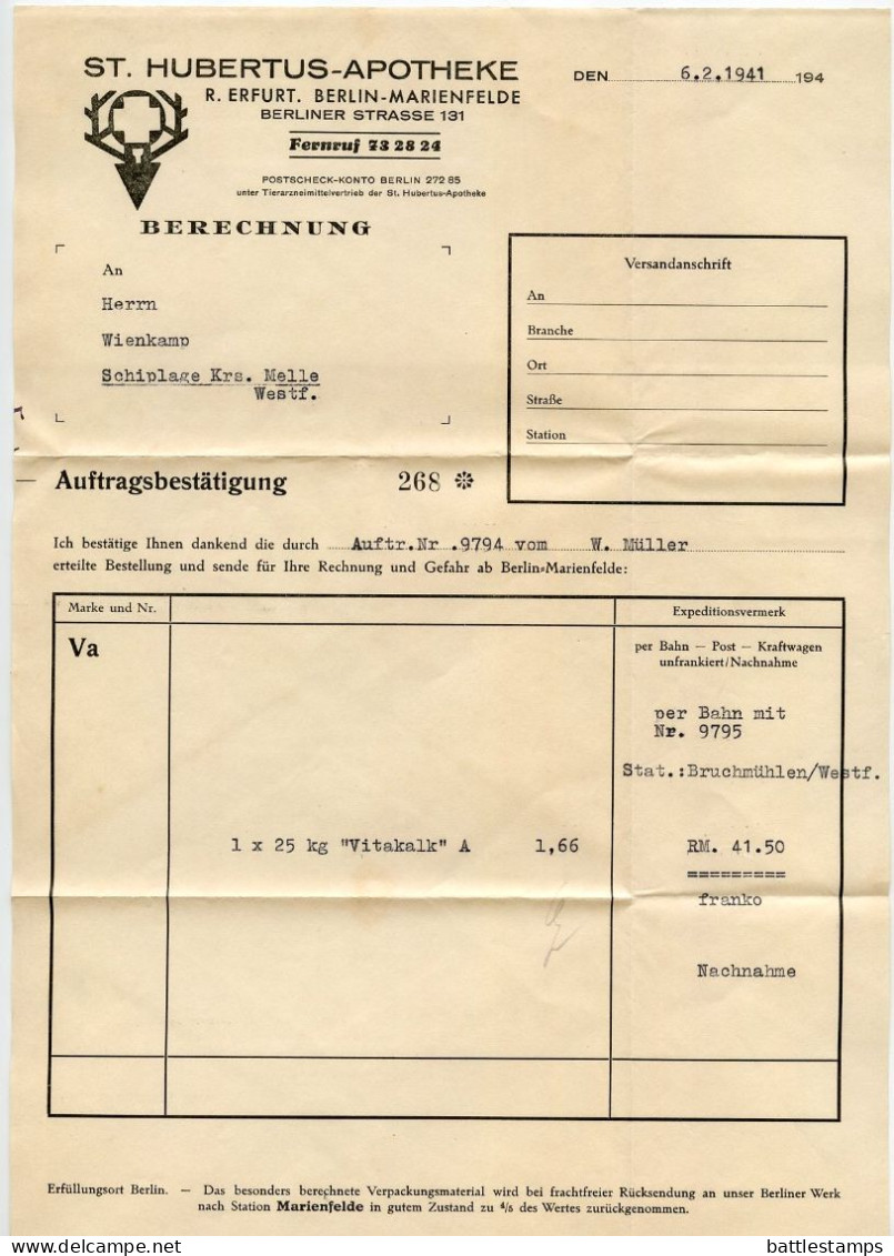 Germany 1941 Cover & Invoice; Berlin-Marienfelde - St. Hubertus-Apotheke To Schiplage; 8pf. Hindenburg - Briefe U. Dokumente