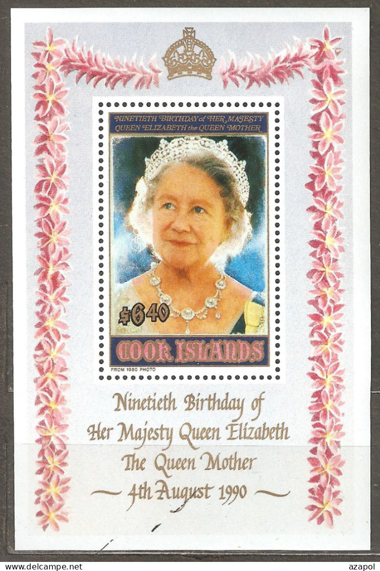 Cook Islands: Mint Block, 90 Years Of Birth Of HRM Elizabeth, 1990, Mi#Bl-196, MNH. - Islas Cook