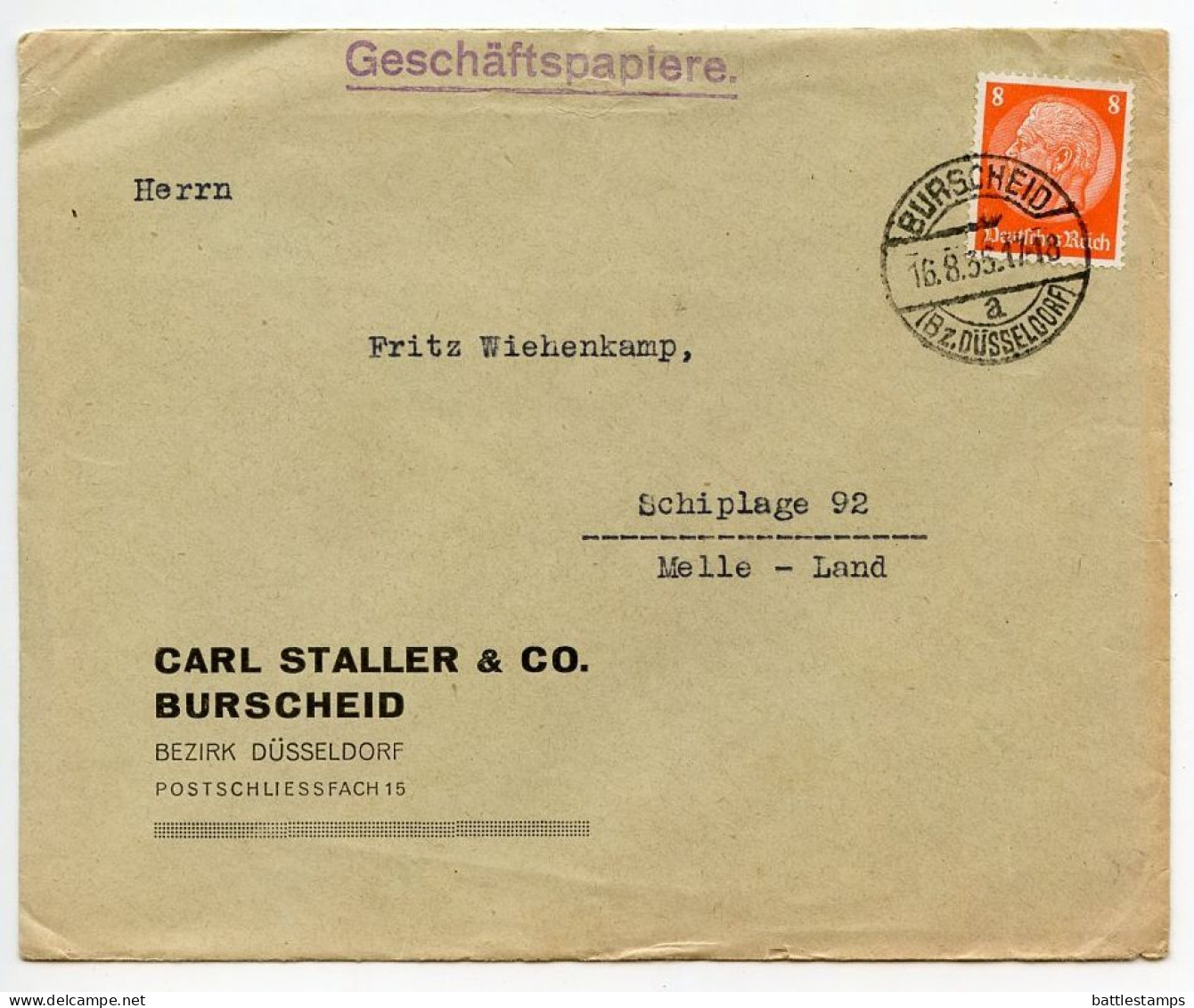 Germany 1935 Cover; Burscheid (Bz. Düsseldorf) - Carl Staller & Co. To Schiplage; 8pf. Hindenburg - Briefe U. Dokumente