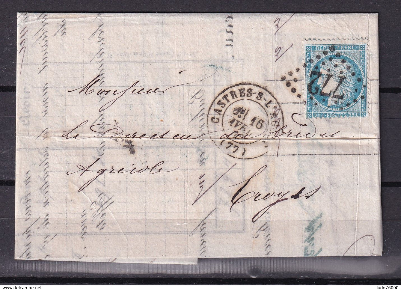 D 809 / CERES N° 60 SUR LETTRE - 1871-1875 Ceres