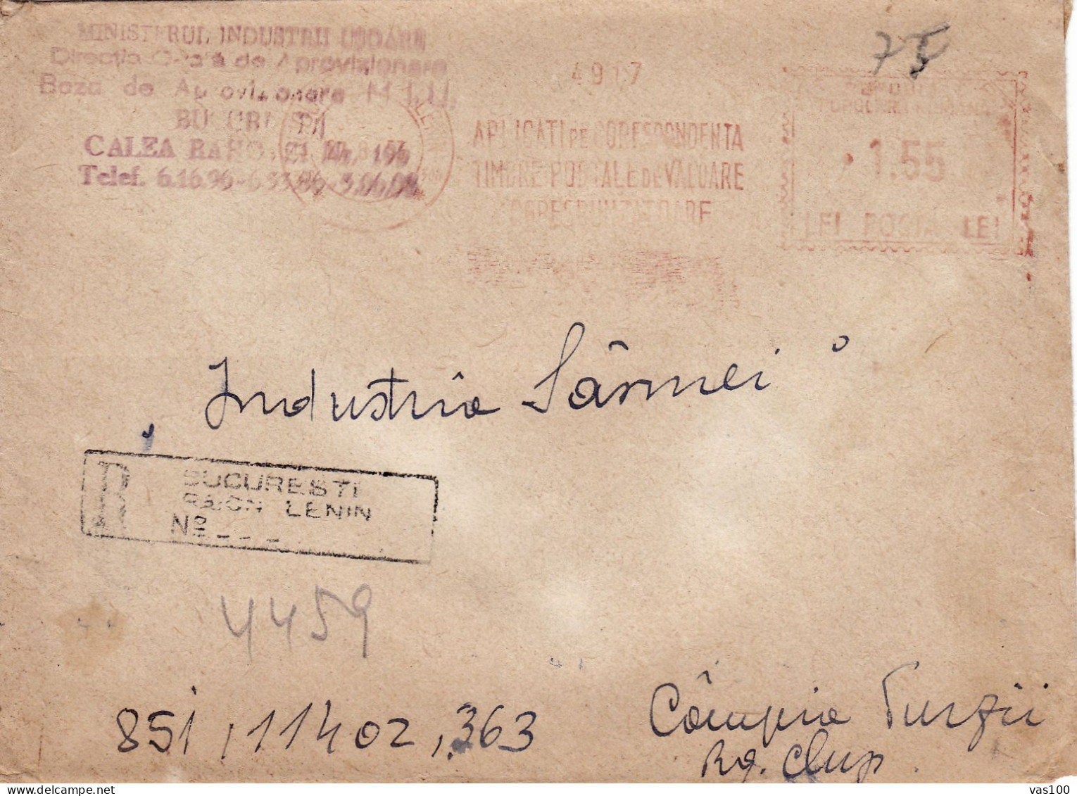 POSTAL HISTORY REGISTERED ENVELOPE LENIN DISTRICT,RAION LENIN BUCURESTI,CANCELLATION RED 1,55 LEI,ROMANIA - Briefe U. Dokumente