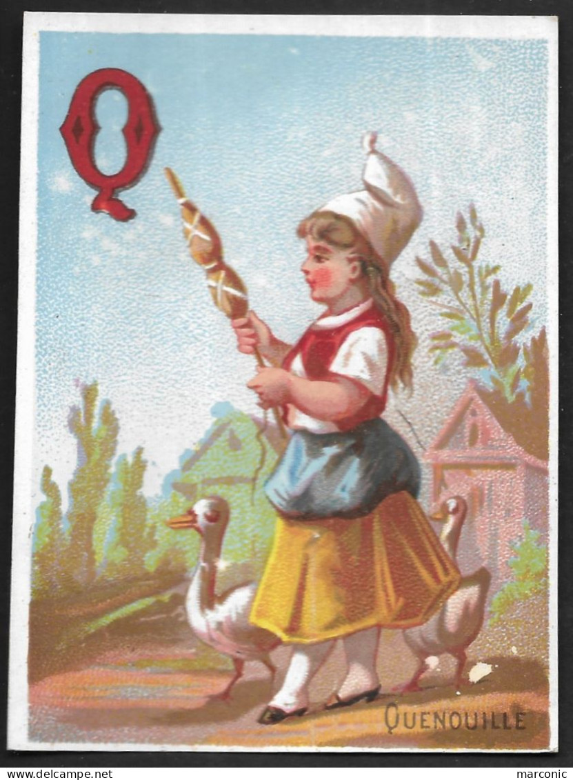 Chromo Dos Vierge - ALPHABET, Lettre Q - QUENOUILLE - Jeune Fille Avec Une Quenouille, Oies - Andere & Zonder Classificatie