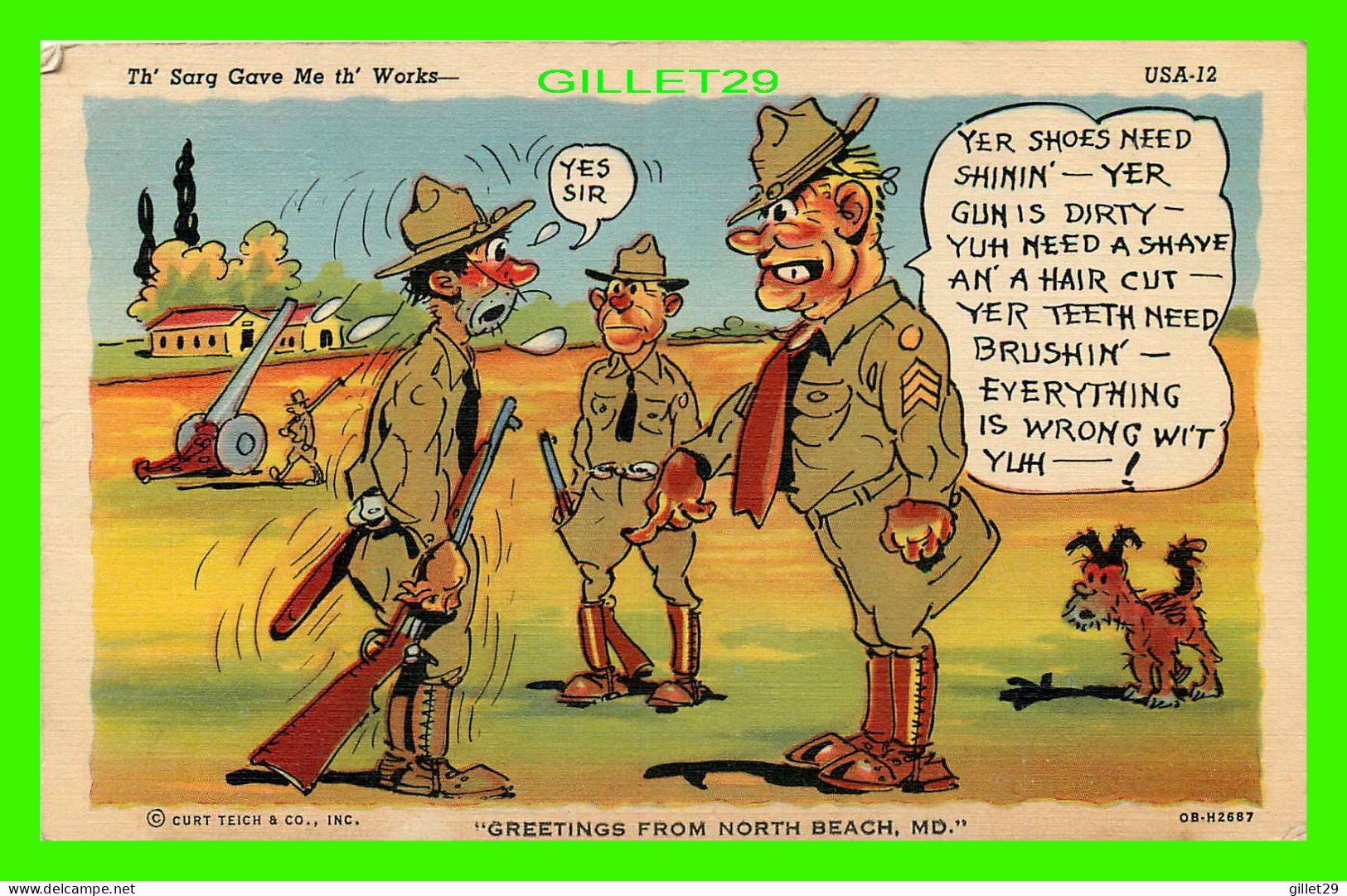 HUMOUR, COMIC - MILITARIA, TH' SARG GAVE ME TH' WORKS - FROM NORTH BEACH, MD - TRAVEL IN 1943 - - Humour