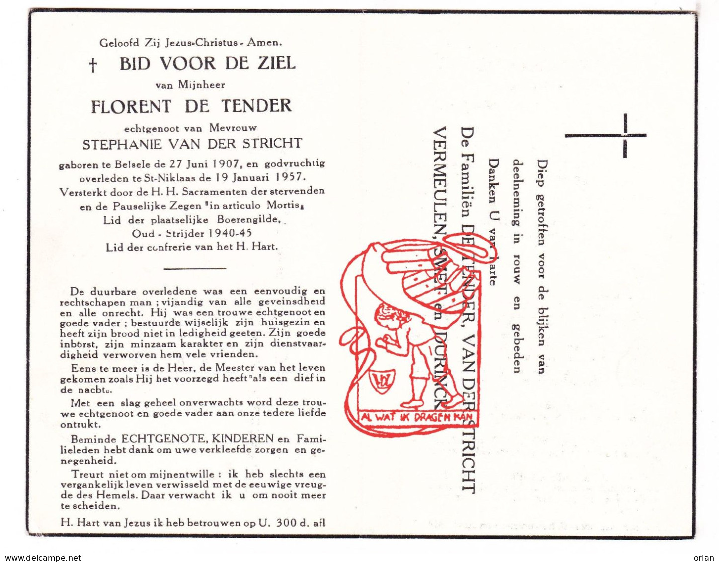 DP Florent De Tender 50j. ° Belsele 1907 † Sint-Niklaas 1957 X Stephanie Van Der Stricht // Vermeulen Smet Durinck - Images Religieuses