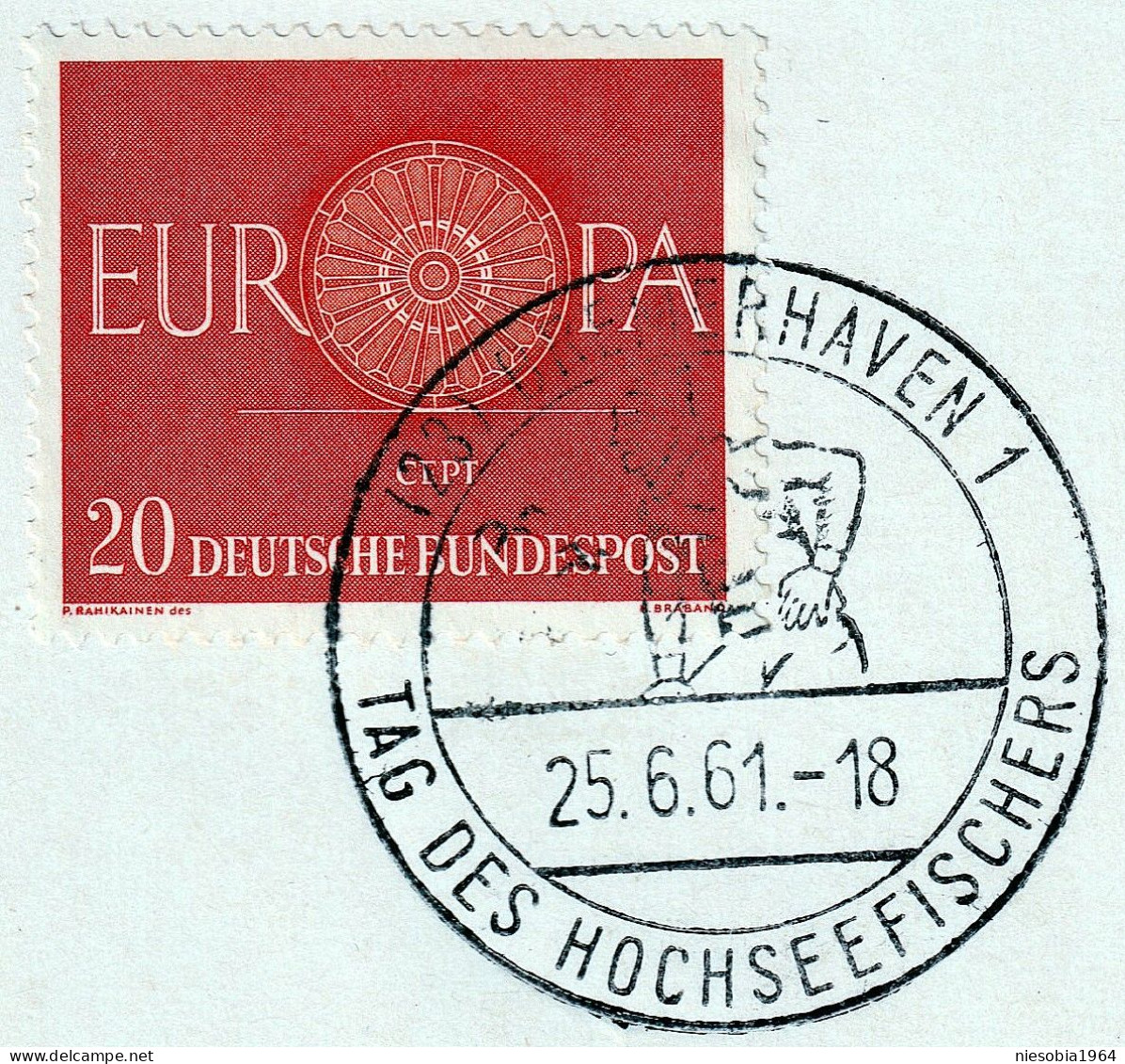 Official Special Card 75 Years Of Deep Sea Fishing Bremerhaven Stamp 20 EUROPA CEPT Special Seal June 25, 1961 - Cartes Postales - Oblitérées