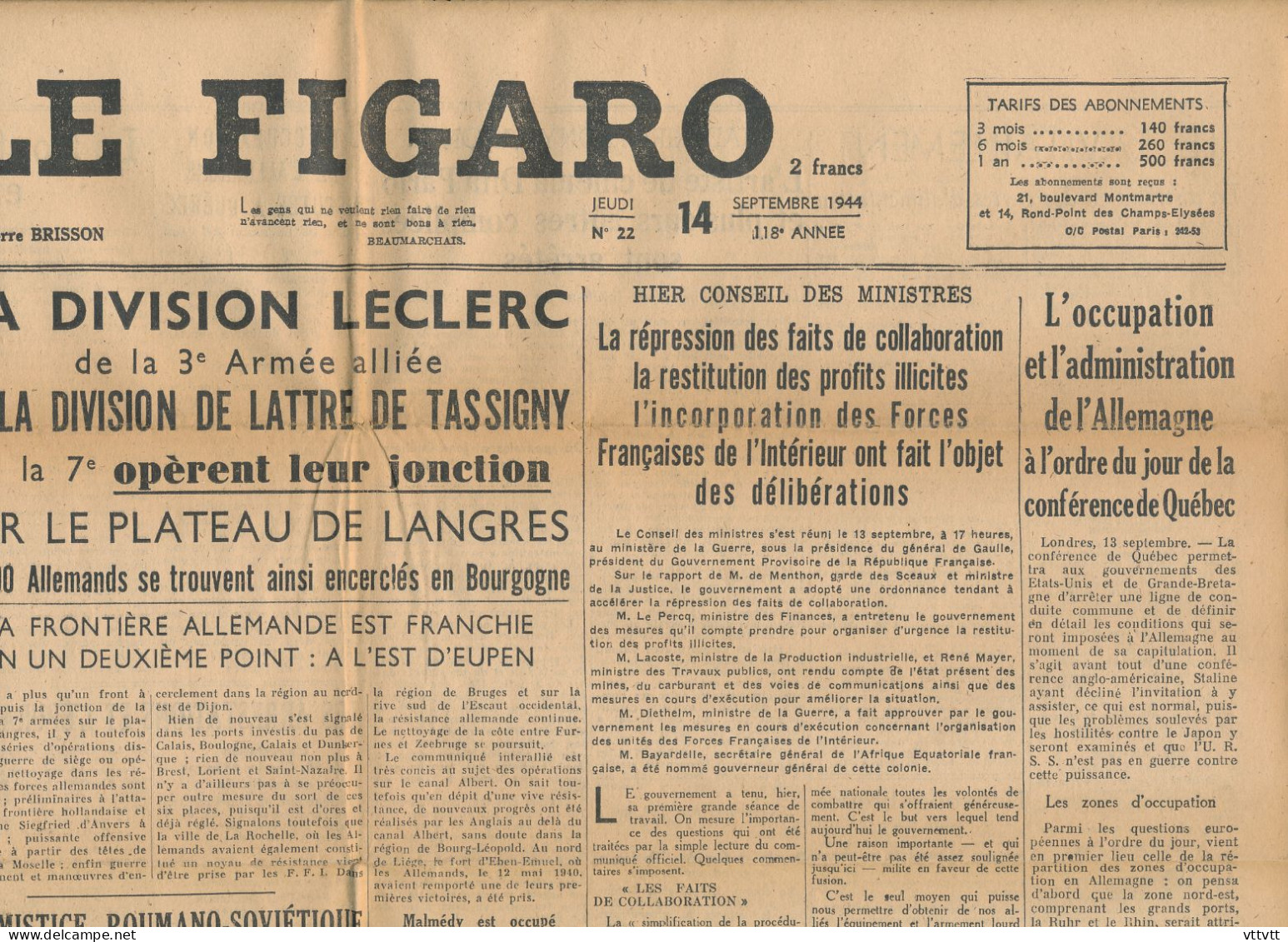 LE FIGARO, Jeudi 14 Septembre 1944, N° 22, Division Leclerc, De Lattre De Tassigny, Plateau De Langres, Collaboration... - Testi Generali