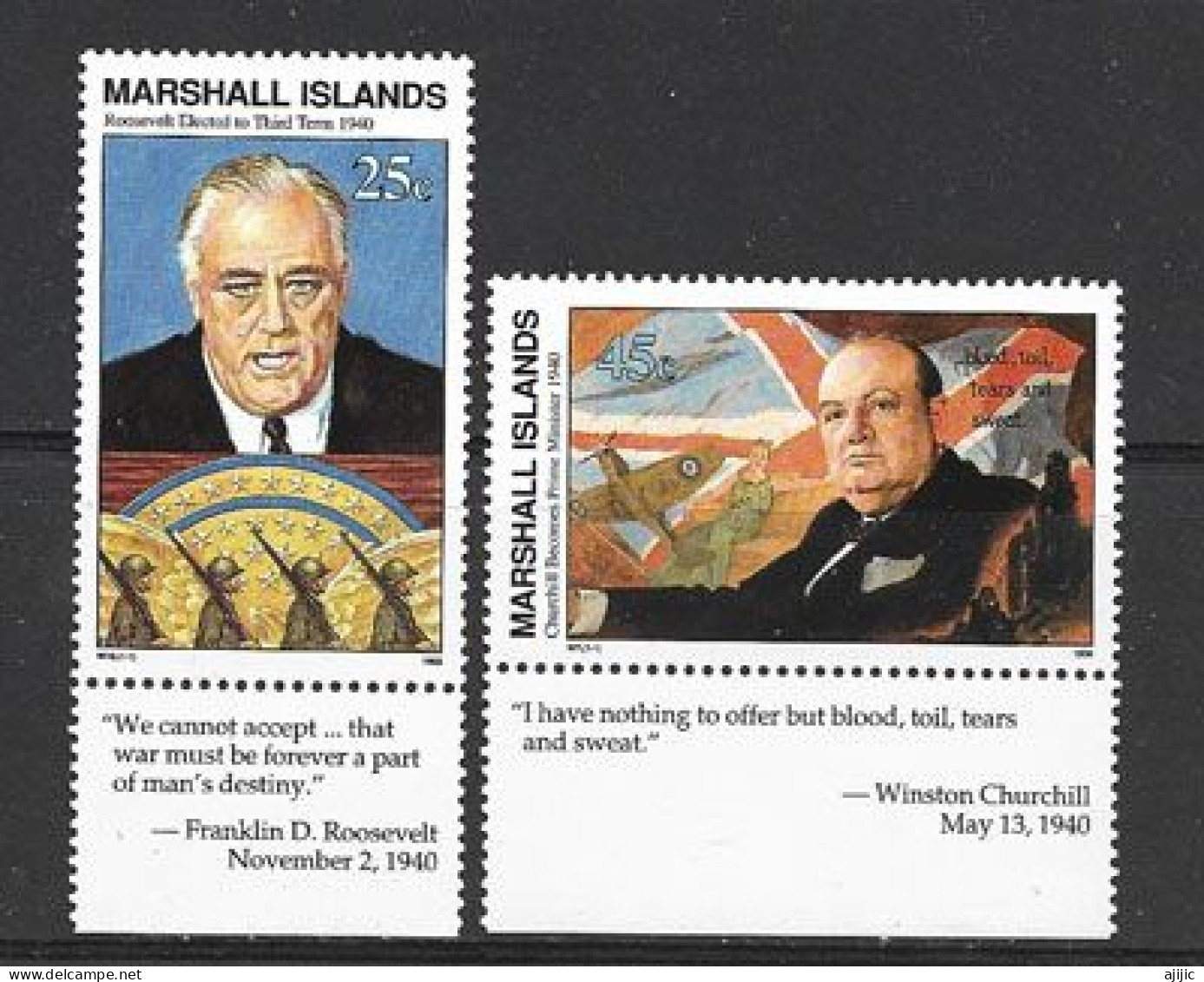 Les Grands Libérateurs : Winston Churchill & Franklin.D.Roosevelt.  2 Timbres Neufs ** Des îles Marshall - Guerre Mondiale (Seconde)