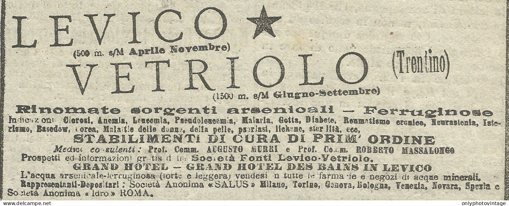 Levico - Vetriolo - Rinomate Sorgenti Arsenicali - Pubblicità 1910 - Adv. - Pubblicitari