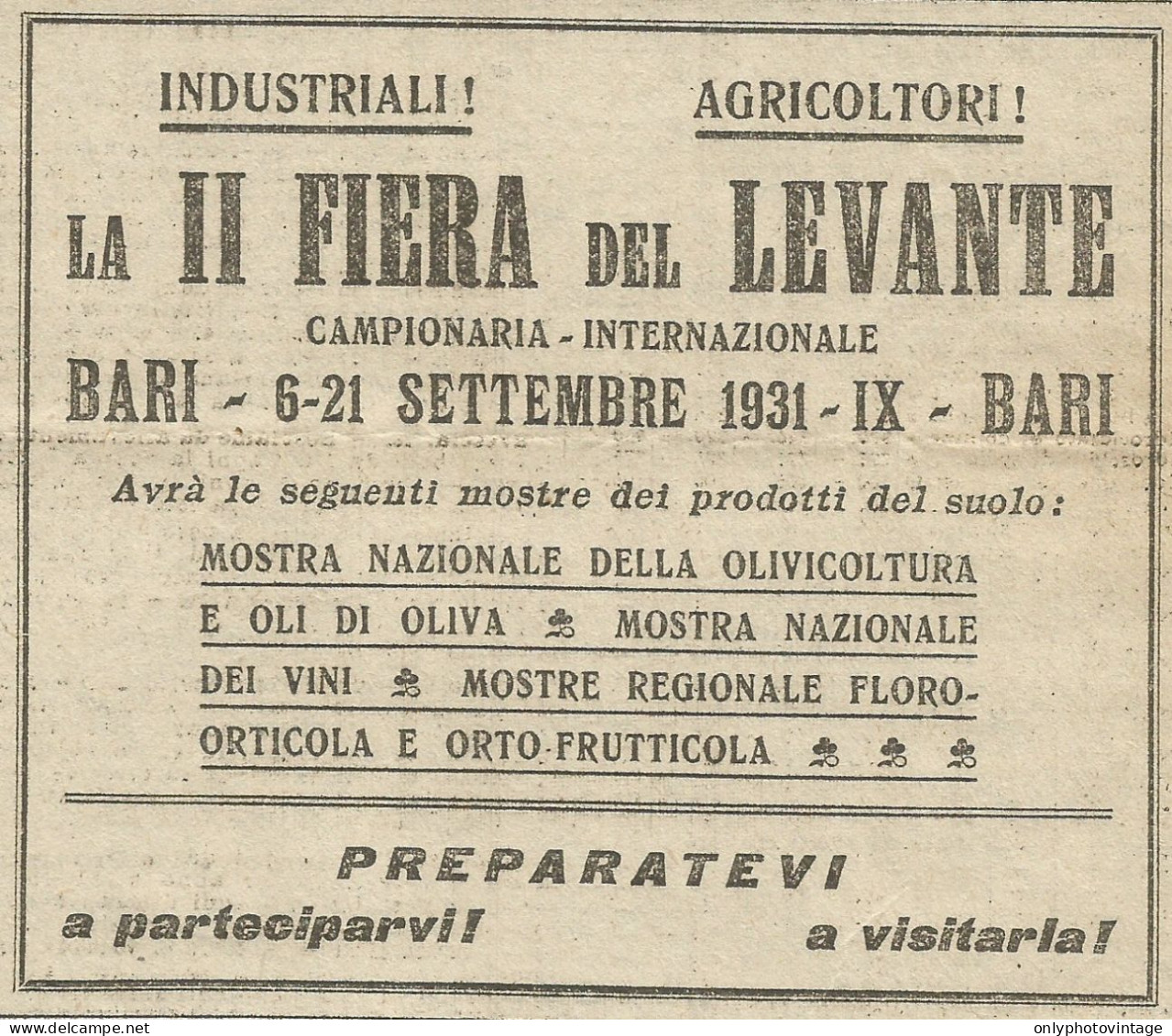 II Fiera Del Levante - BARI - Pubblicità 1931 - Publicitè - Werbung