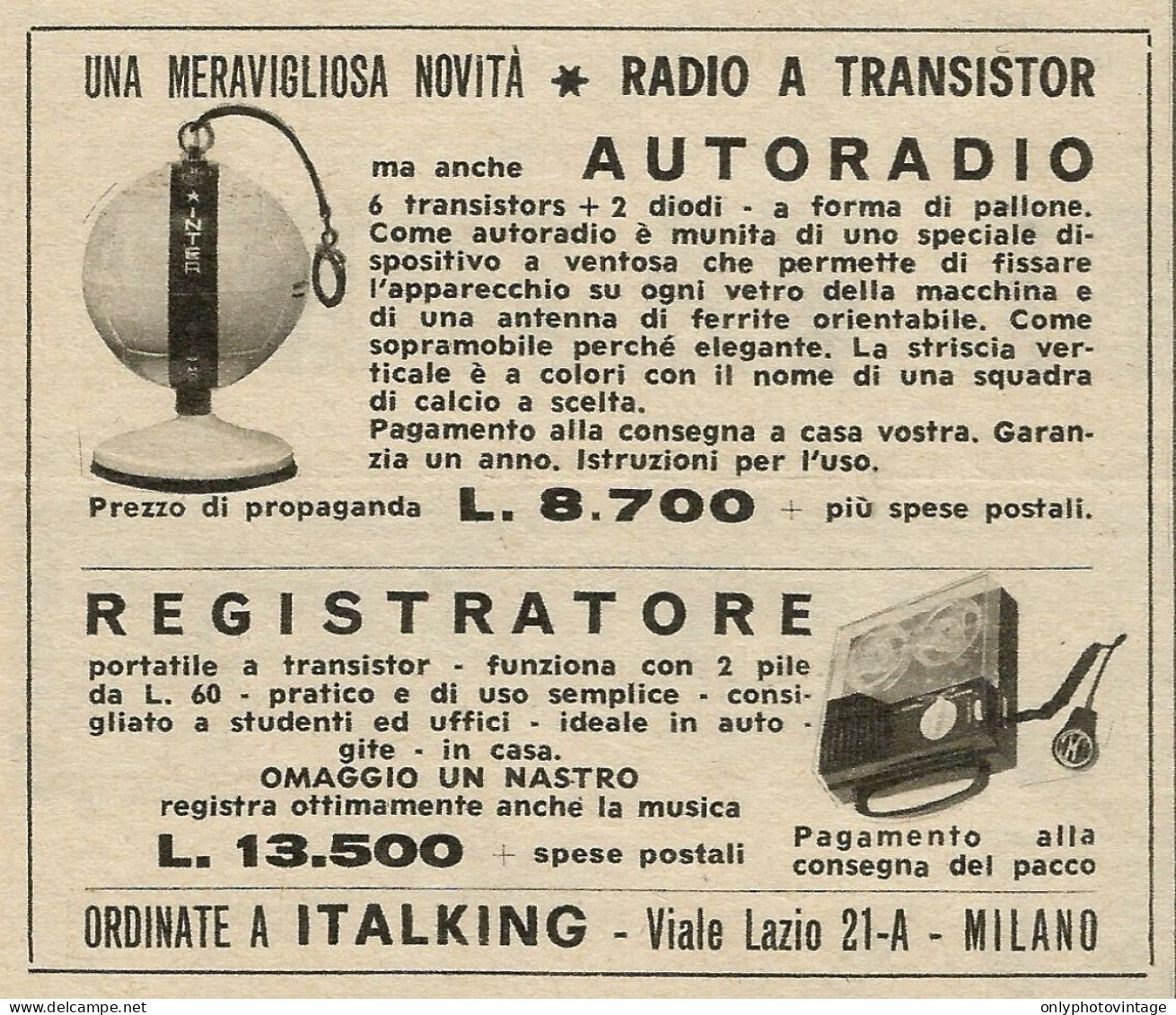 Registratore Portatile A Transistor ITALKING - Pubblicità 1966 - Advertis. - Pubblicitari