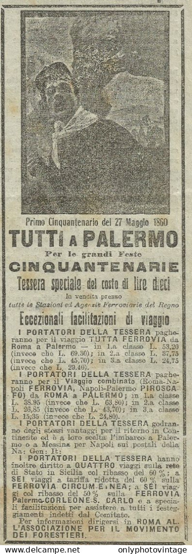 Tutti A Palermo Per Le Grandi Feste Cinquantenarie - Pubblicità 1910 - Adv - Publicidad