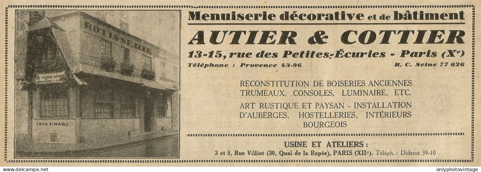 Menuiserie Dècorative AUTIER & COTTIER - Paris - Pubblicità 1929 - Advert. - Advertising