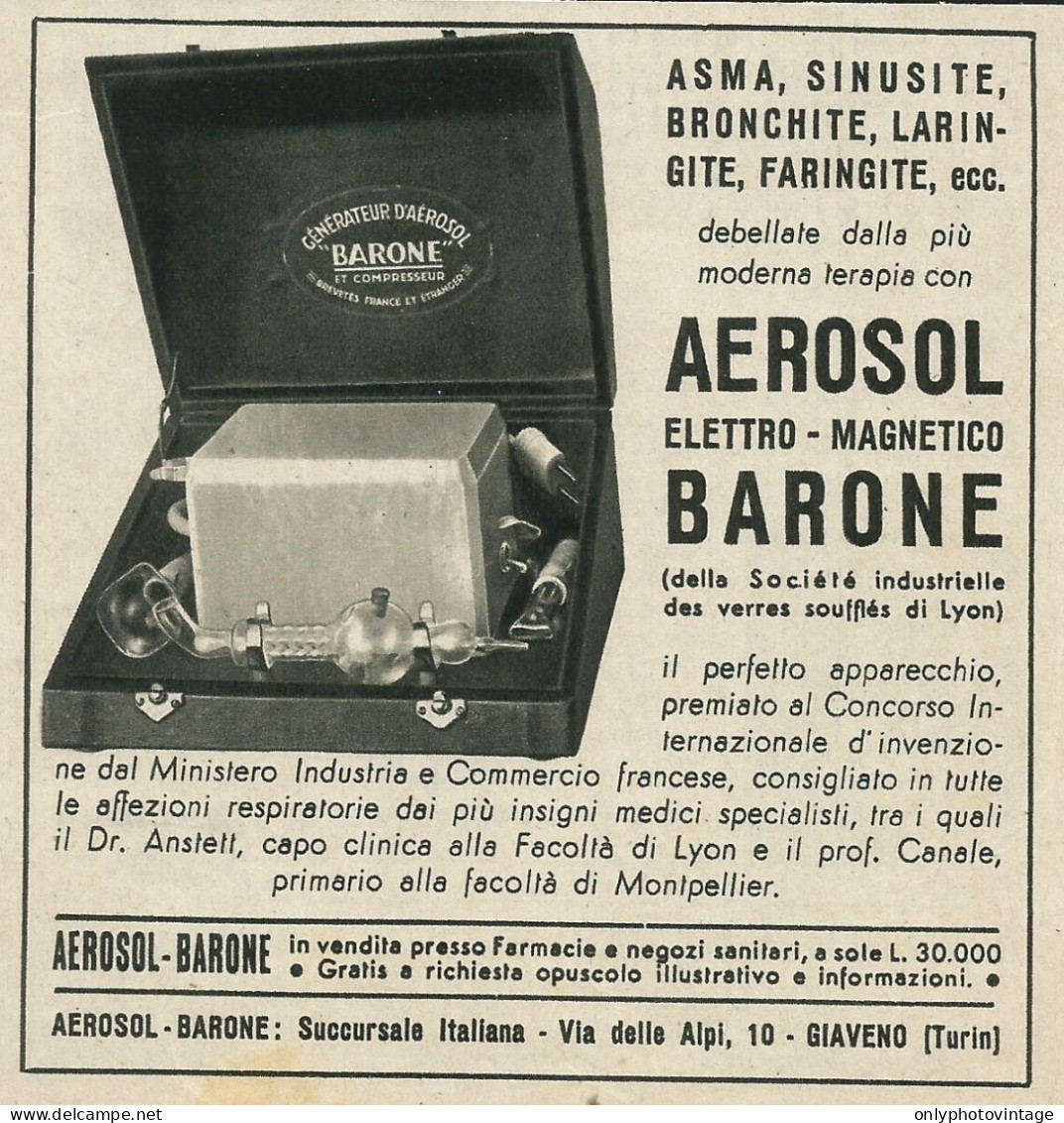 Aerosol Elettro-magnetico BARONE - Giaveno - Pubblicità 1953 - Advertising - Advertising