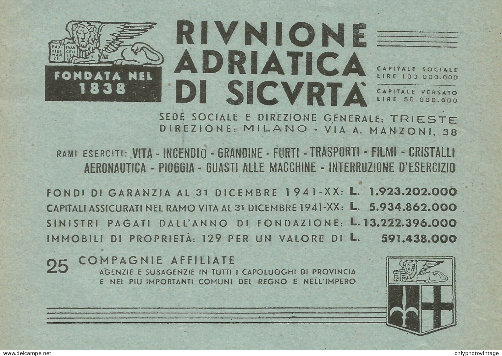 Riunione Adriatica Di Sicurtà - Pubblicità 1947 - Advertising - Advertising