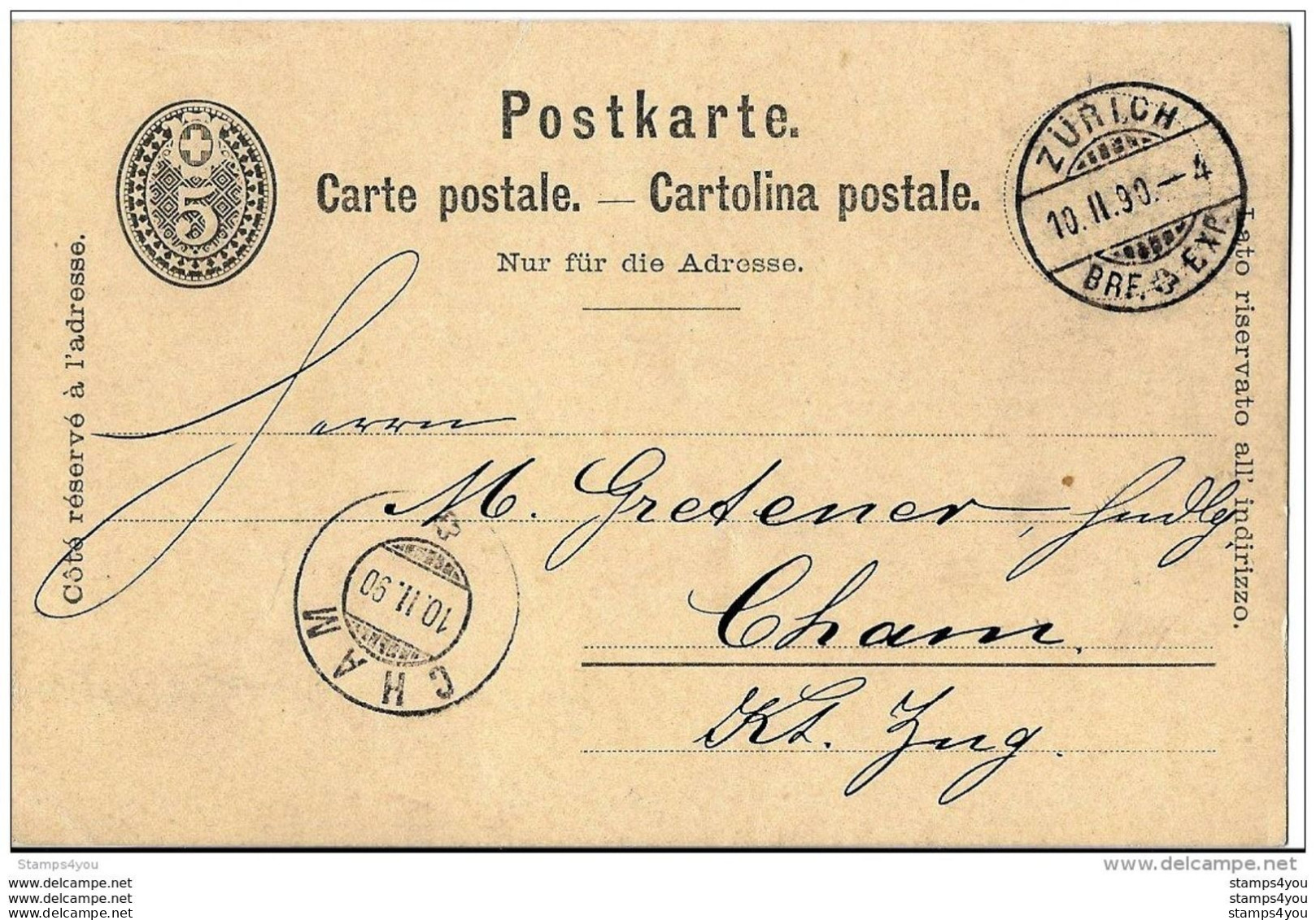 45 - 62 -  Entier Postal Avec Cachets à Date De Zürich Et Cham 1890 - Stamped Stationery