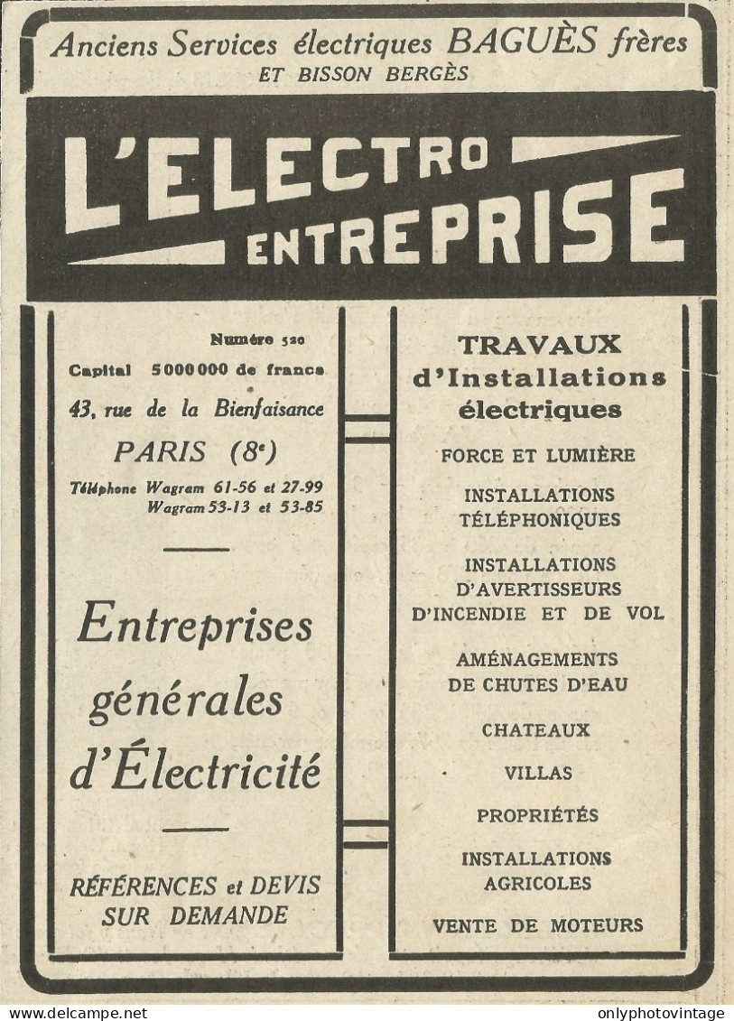 Enterprises Gènèrales D'èlectricitè - Pubblicità 1922 - Advertising - Advertising