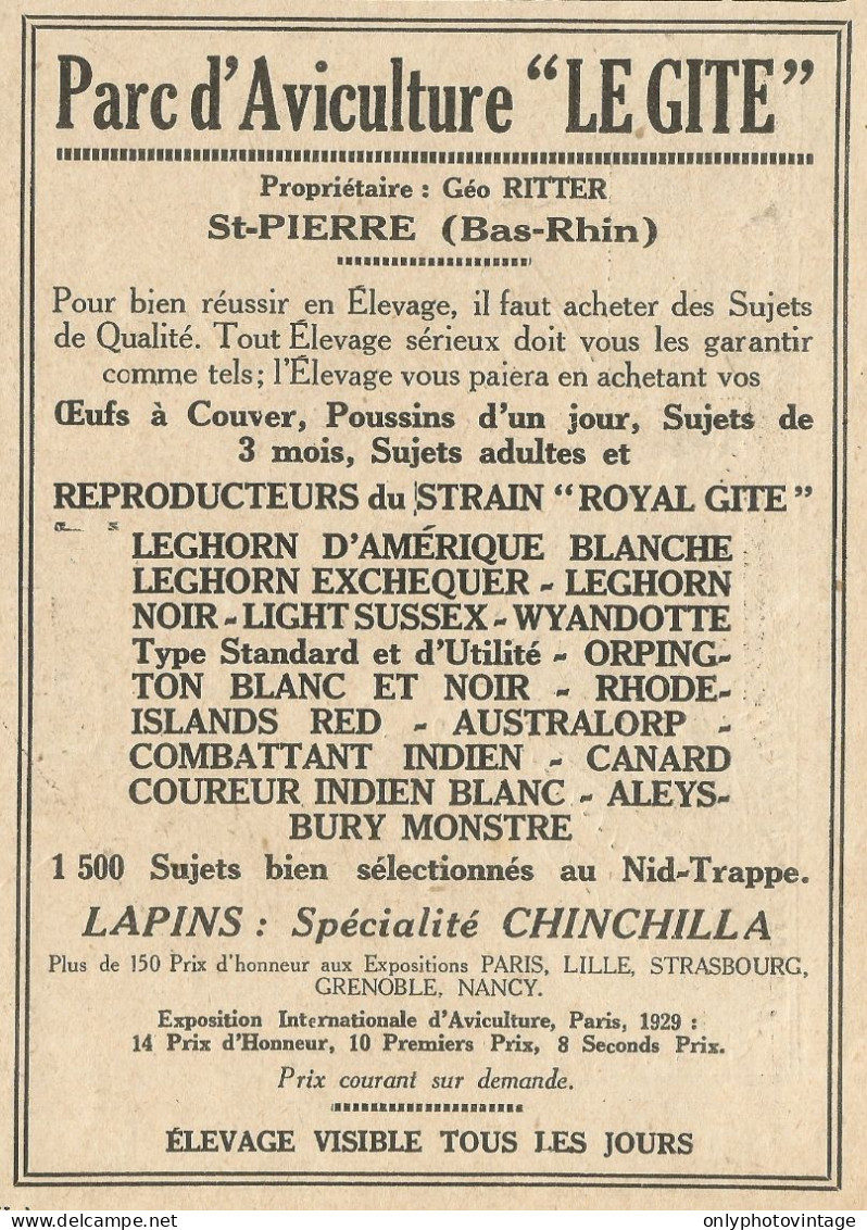 Parc D'Aviculture LE GITE - St. Pierre - Pubblicità 1929 - Advertising - Advertising