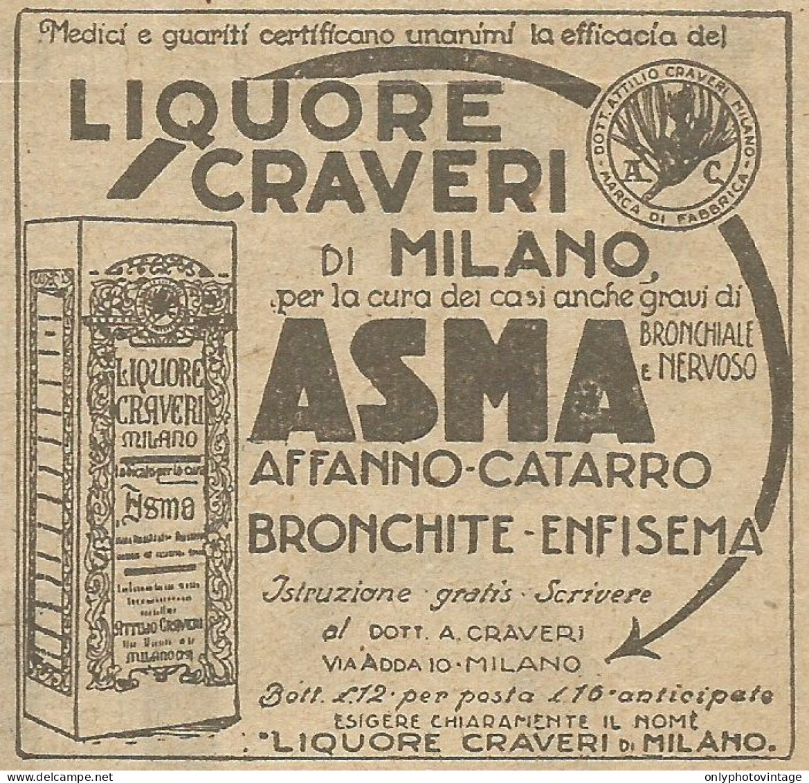 Liquore Craveri Per La Cura Dell'Asma - Pubblicità 1924 - Advertising - Reclame