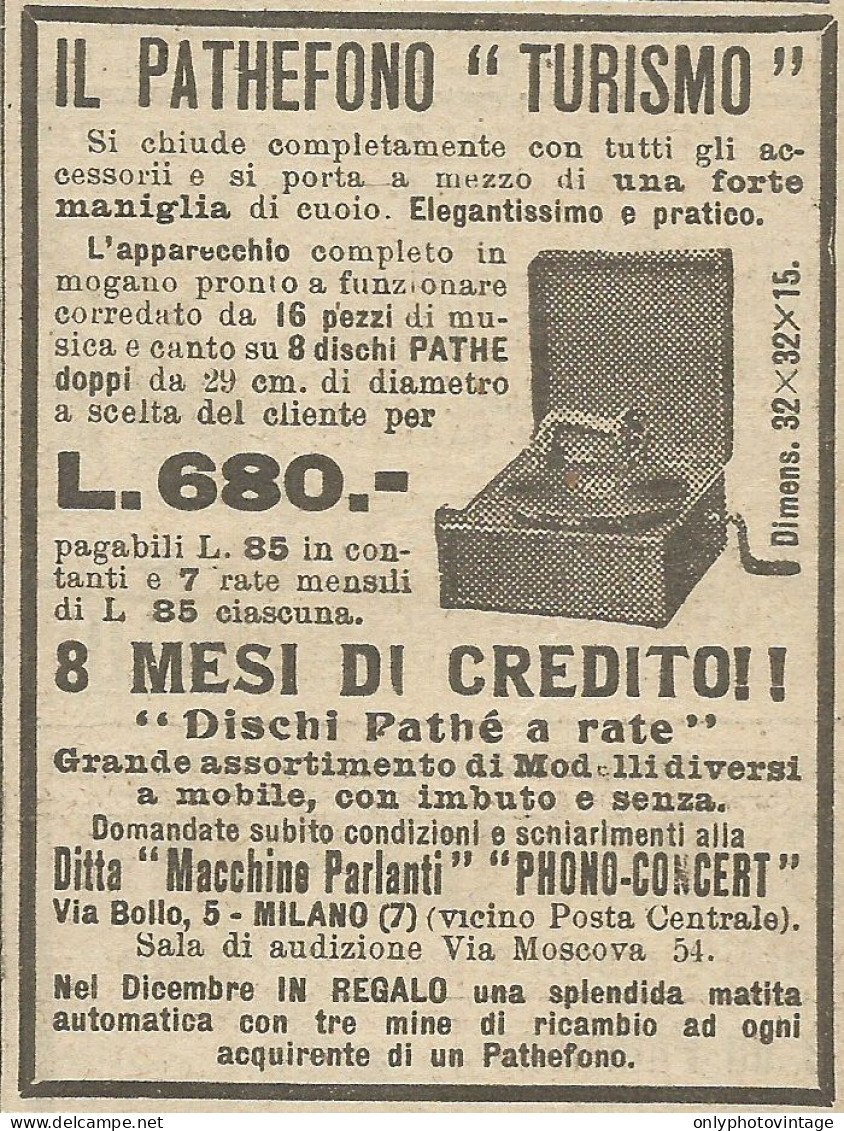 Il Pathefono TURISMO - Pubblicità 1924 - Advertising - Reclame