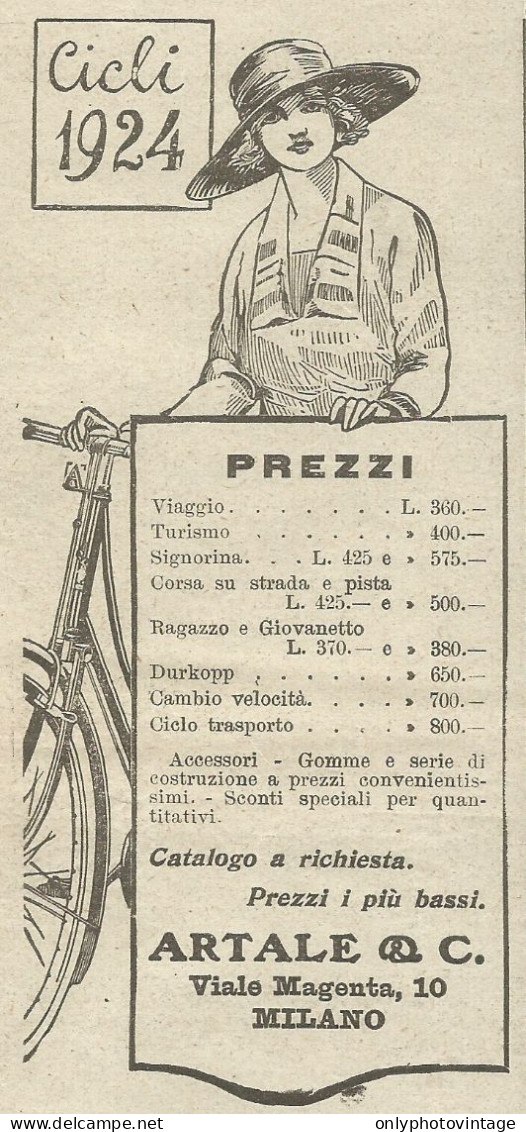 Listino Prezzi Cicli Artale & C. - Pubblicità 1924 - Advertising - Reclame