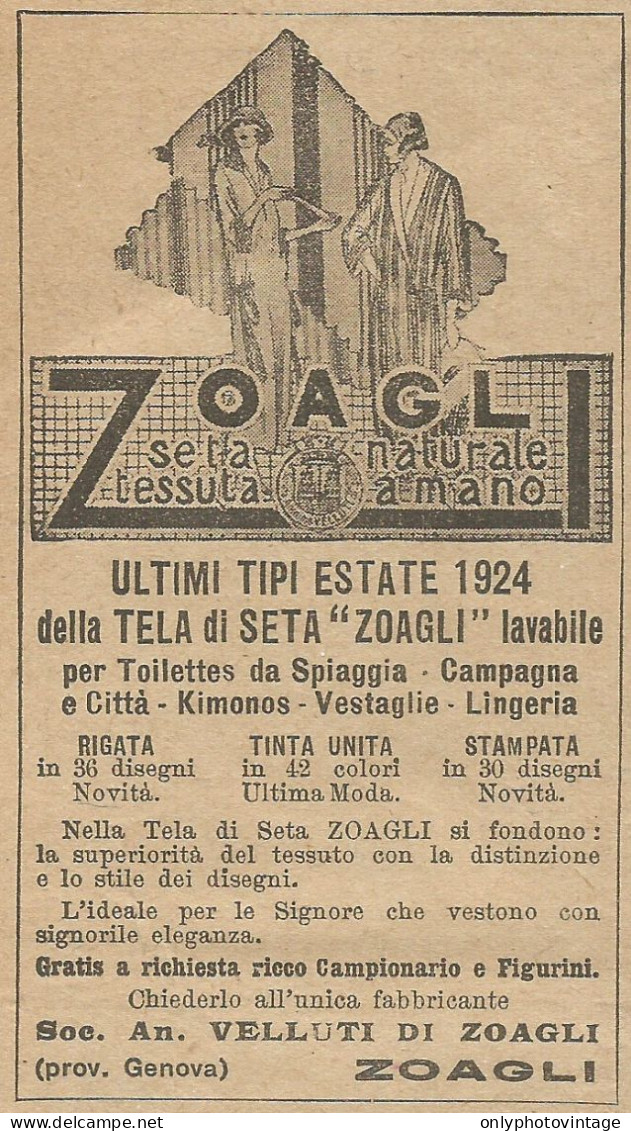 ZOAGLI Seta Naturale Tessuta A Mano - Pubblicità 1924 - Advertising - Publicités