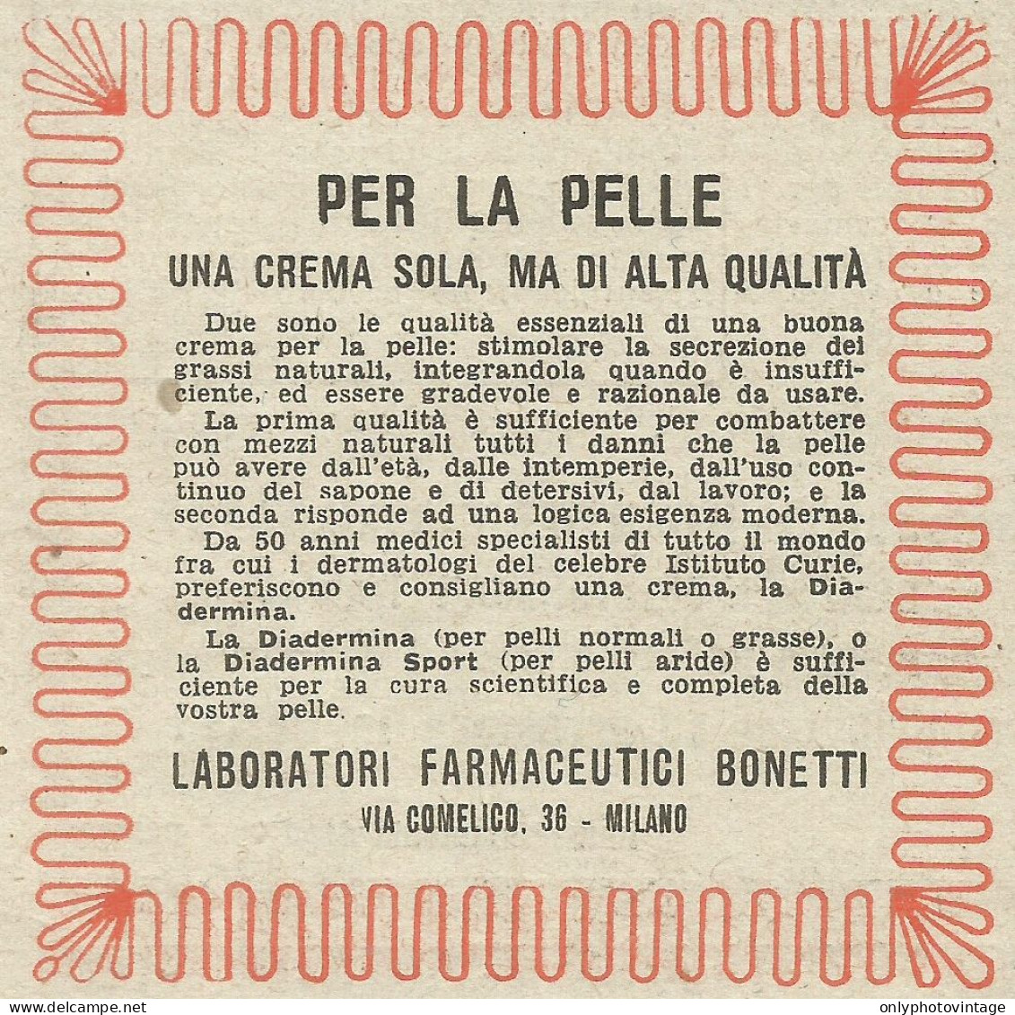 Crema Per La Pelle DIADERMINA - Pubblicità 1949 - Advertising - Reclame