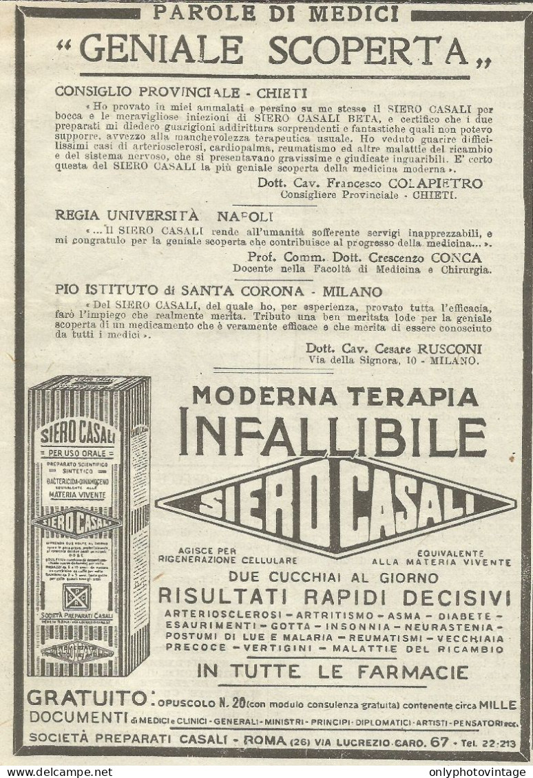 Siero Casali - Geniale Scoperta - Pubblicità 1925 - Advertising - Advertising