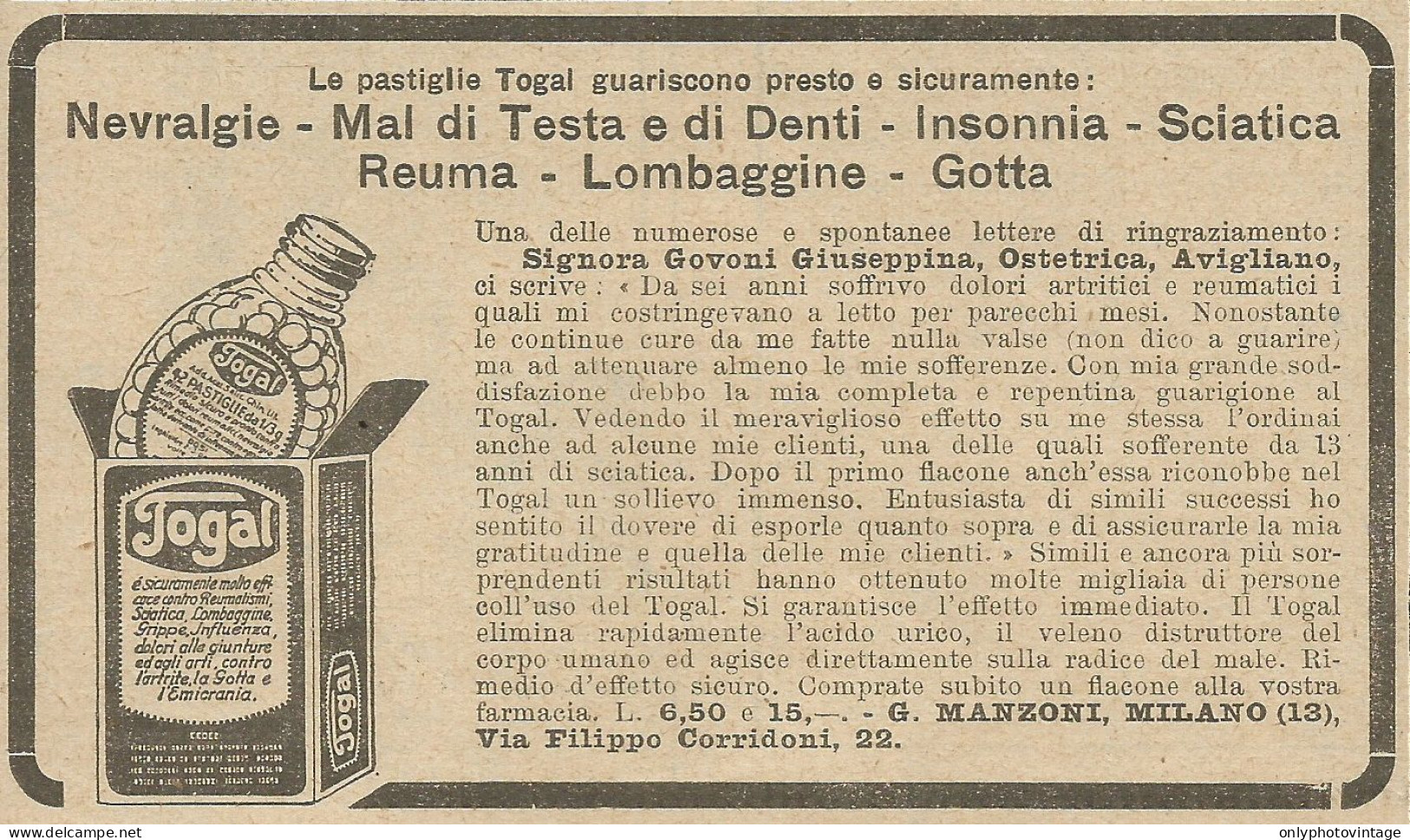 Pastiglie TOGAL - Pubblicità 1925 - Advertising - Publicités