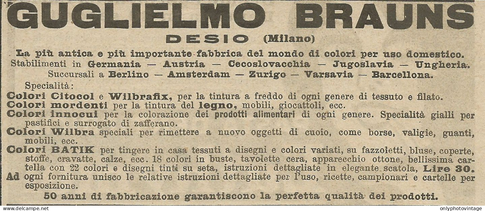 Colorificio Guglielmo Brauns - Desio - Pubblicità 1924 - Advertising - Reclame