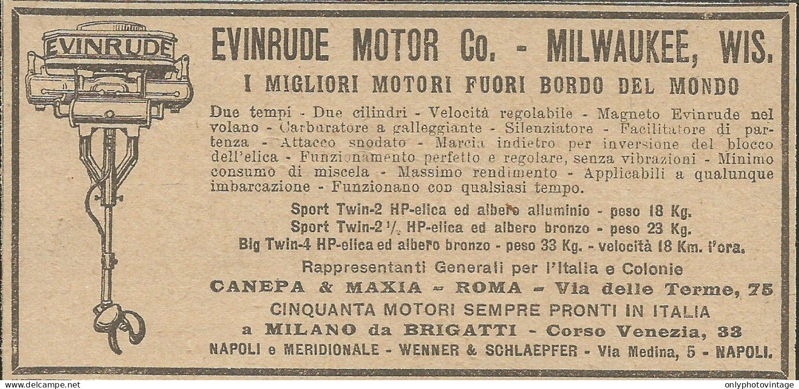 Evinrude Motor Per Fuori Bordo - Pubblicità 1924 - Advertising - Publicités