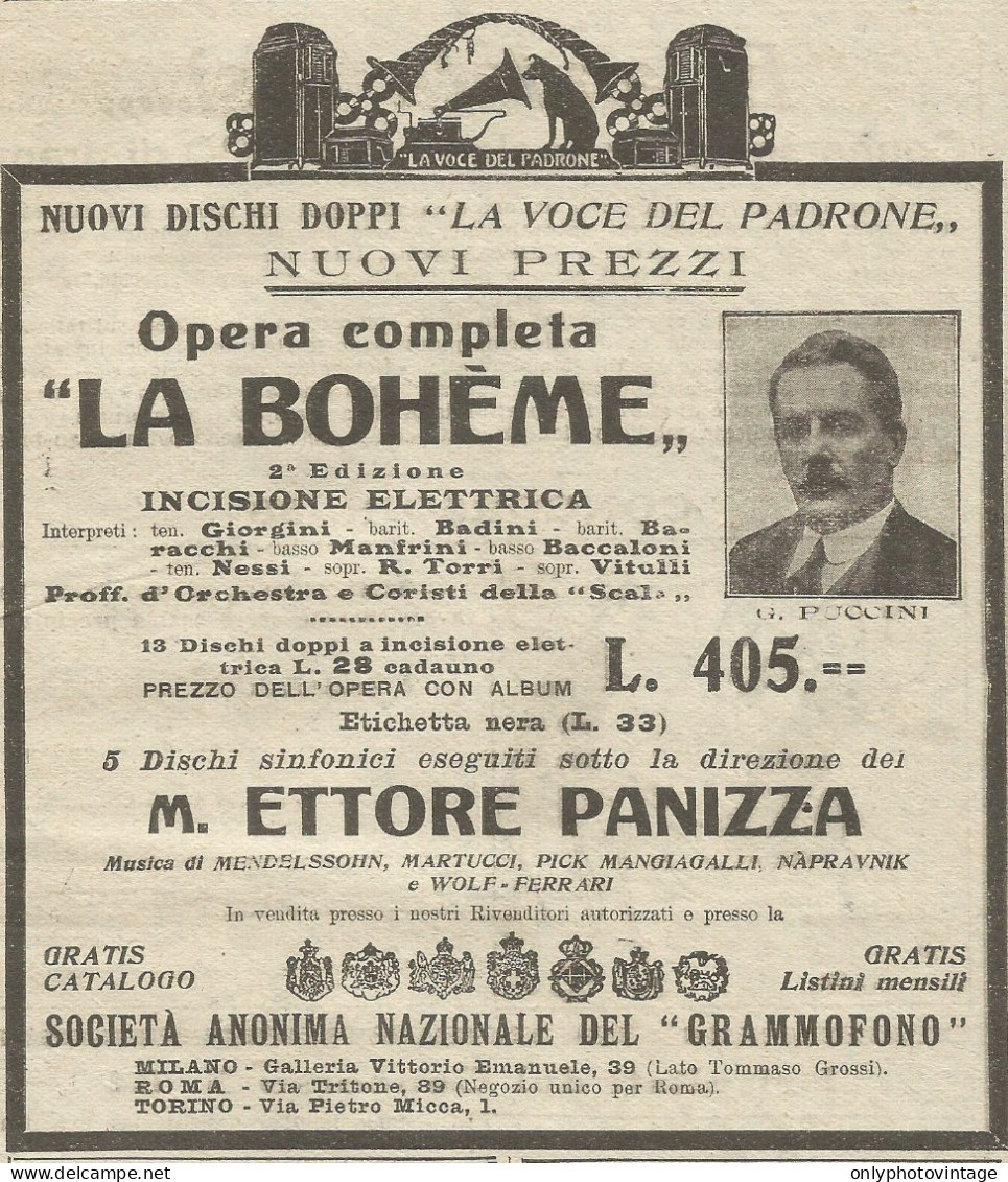 Dischi La Voce Del Padrone - G. Puccini - Pubblicità 1928 - Advertising - Reclame