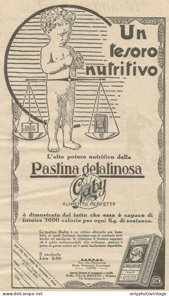 Pastina Gelatinosa GABY Un Tesoro Nutritivo_Pubblicità 1928 - Advertising - Advertising