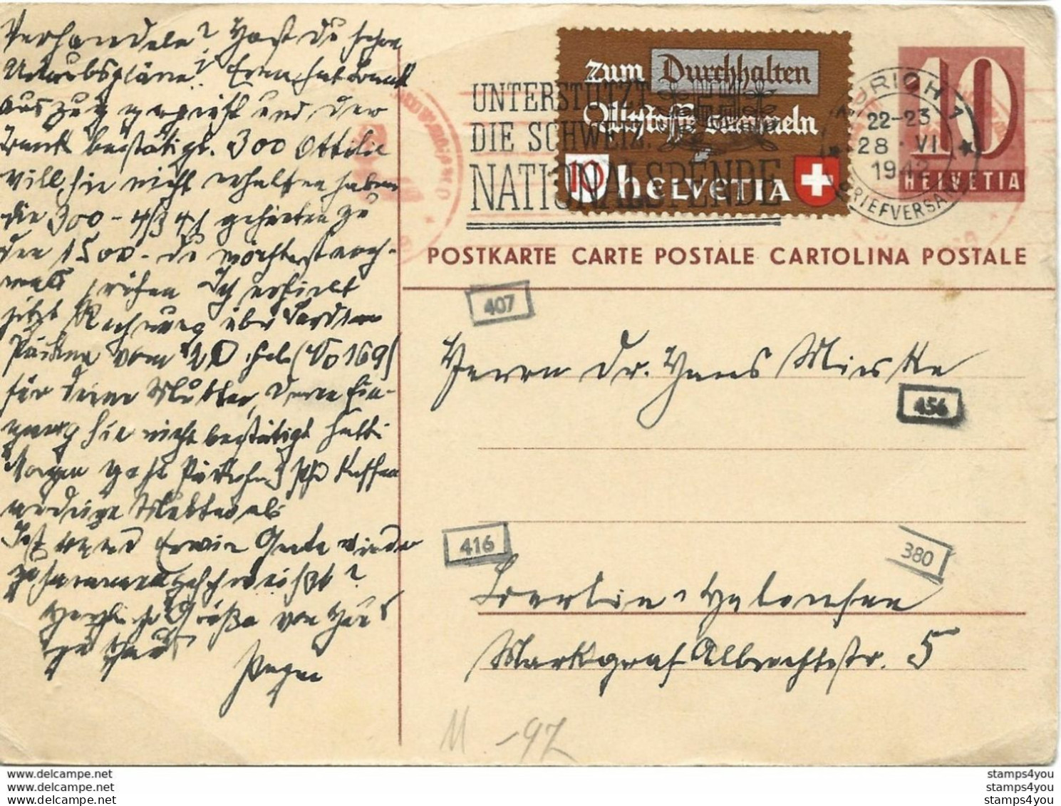 162 - 17 - Entier Postal Avec Affranchissement Complémentaire Envoyée De Zürich En Allemagne 1942 - Postwaardestukken