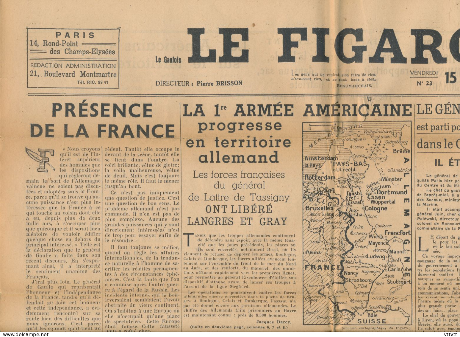 LE FIGARO, Vendredi 15 Septembre 1944, N° 23, Libération De Langres Et Gray, De Gaulle à Lyon, 1ere Armée Américaine - General Issues