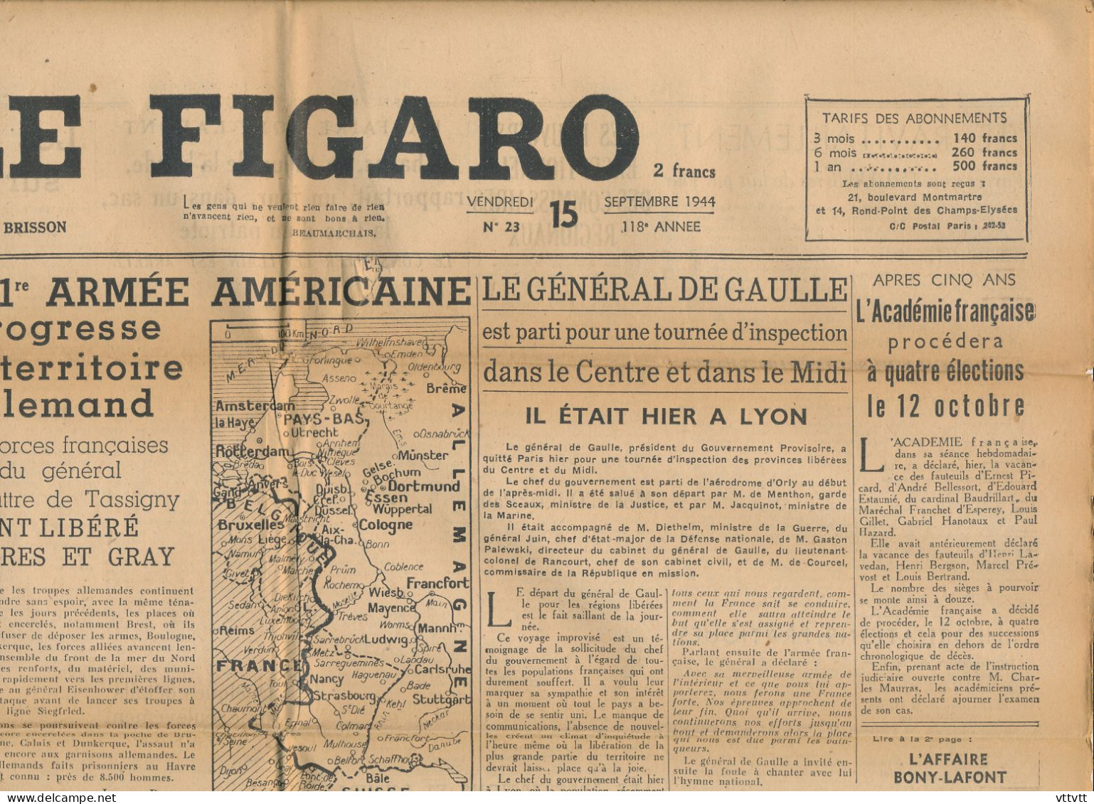 LE FIGARO, Vendredi 15 Septembre 1944, N° 23, Libération De Langres Et Gray, De Gaulle à Lyon, 1ere Armée Américaine - Algemene Informatie