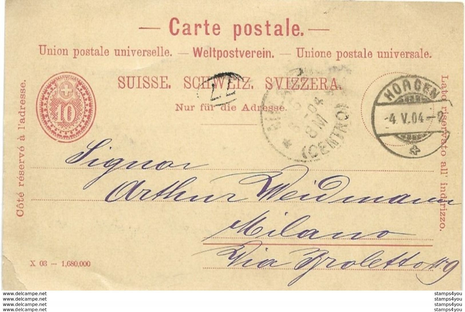 162 - 21 - Entier Postal Envoyé De Horgen à Milano 1904 - Enteros Postales