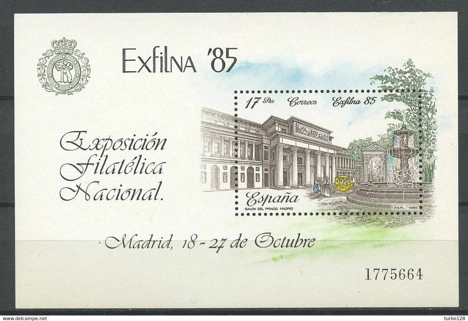 ESPAGNE 1985 Bloc N° 34 ** Neuf MNH Superbe C 1 € Expo Exfilna Madrid Musée Du Prado Et Fontaine La Alcachofa - Blocks & Kleinbögen